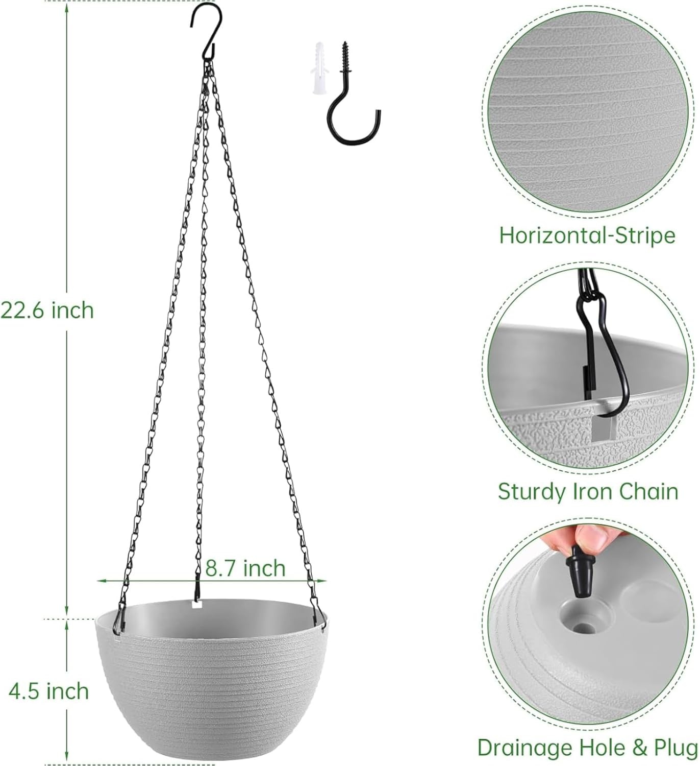 Hanging Planters for Indoor Outdoor Plants, Set of 2 Self Watering Hanging Pots with Drainage Hole & Plug and 20" Chain & Hooks