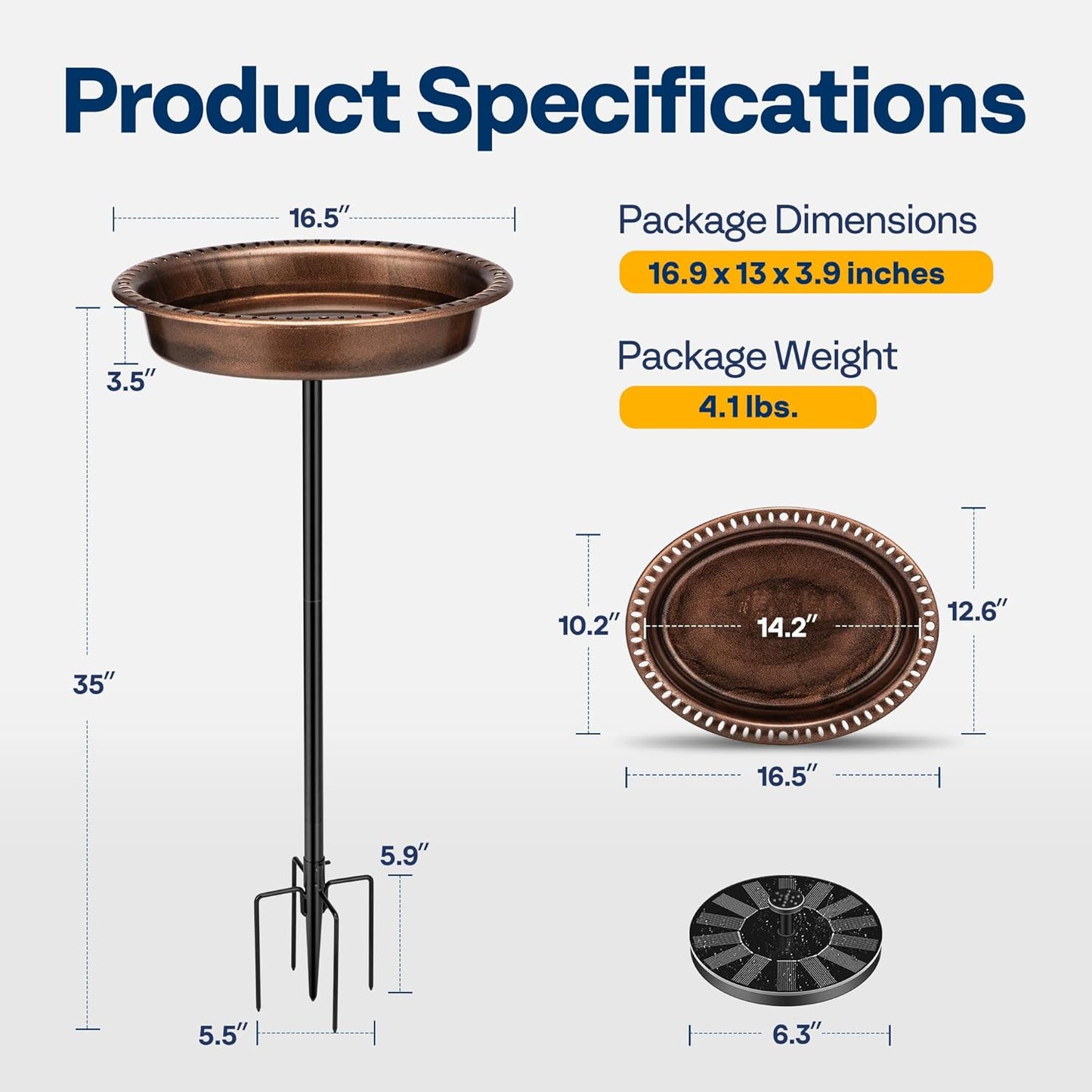 VIVOHOME Oval Polyresin Bird Bath Bowl with Solar Fountain, 29 Inch Height Outdoor Freestanding Birdfeeder with Metal Stake, Capacity 1.3 Gallons, 5-Pronged Base, Bronze