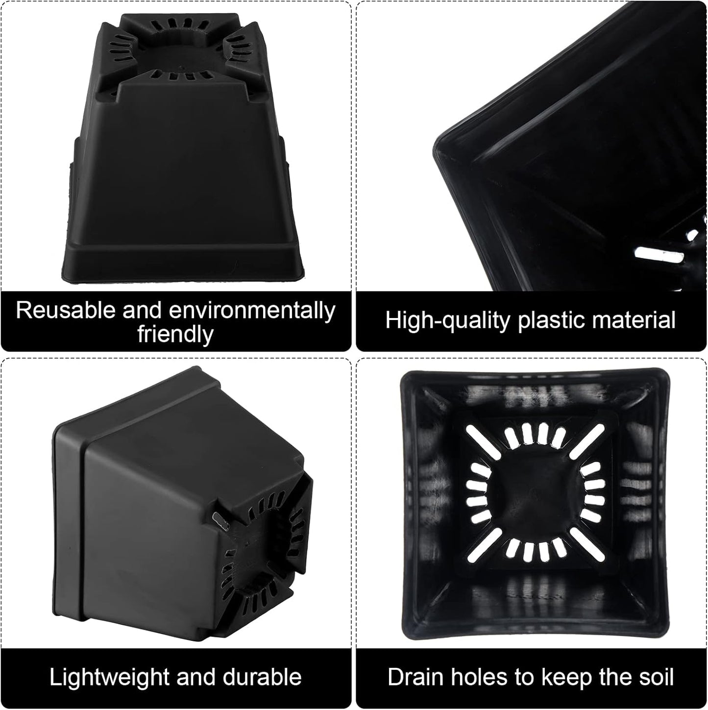 100 Pieces 4 Inch Flower Pots Square Plants Nursery Pot Plastic Plant Seedling Pots Nursery Transplanting Planter Container with Saucer for Indoor Herbs Succulents Balcony Garden Office (Black)