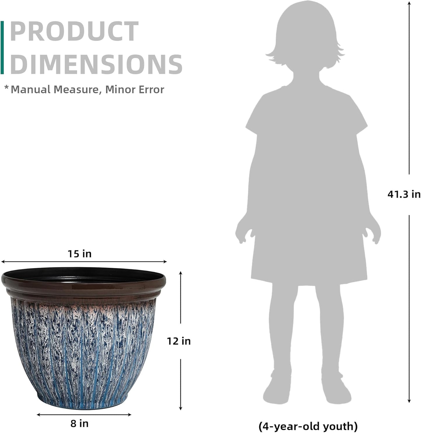 15" D Large Flower Pots, 2-Pack Big Planters for Indoor Outdoor Plants, UV-Protect PP Container for Garden Patio Yard Balcony Porch or Home Decor, Artistic Floating Blue & Brown Glaze