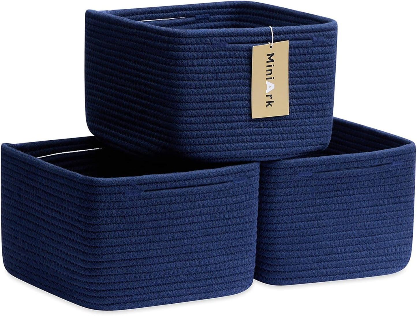 Small Organizing Baskets for Cubes Shelf, 9.7x9.7x7.1 Inch Rope Woven Storage Bins for Nursery Shelves Storage, Cute Toy Basket, Square 3 Packs Navy Blue