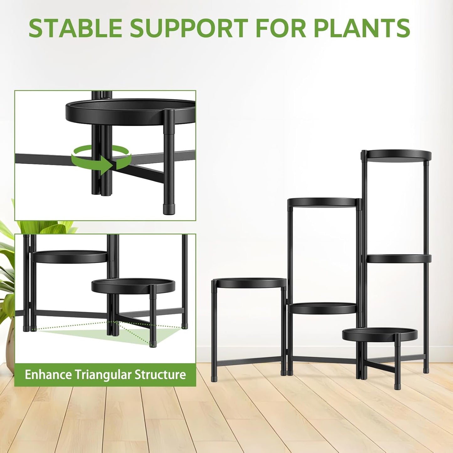 iDavosic.ly 6 Tier Large Plant Stand Indoor with 10 Inch Wide Tray, Tiered Corner Metal Outdoor Flower Display Holder Shelf, Folding Tall Rack for Patio Porch Living Room, Modern Black