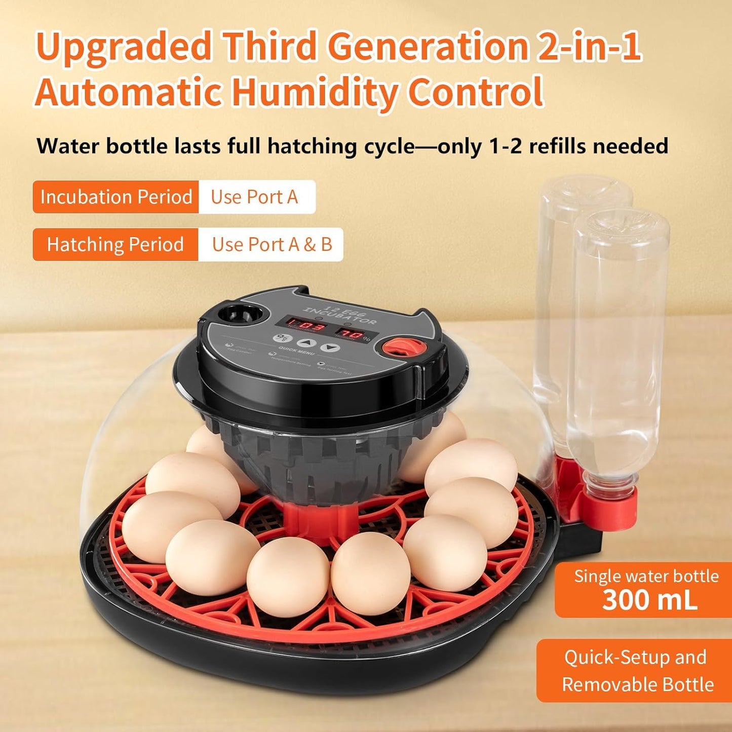 Incubators for Hatching Eggs, 12 Egg Incubator with Automatic Egg Turning and Humidity Control, Water Refill, Air Vent, 360° Viewing for Chickens Ducks Birds, Ideal for Farm, Classroom, Lab, Home Use