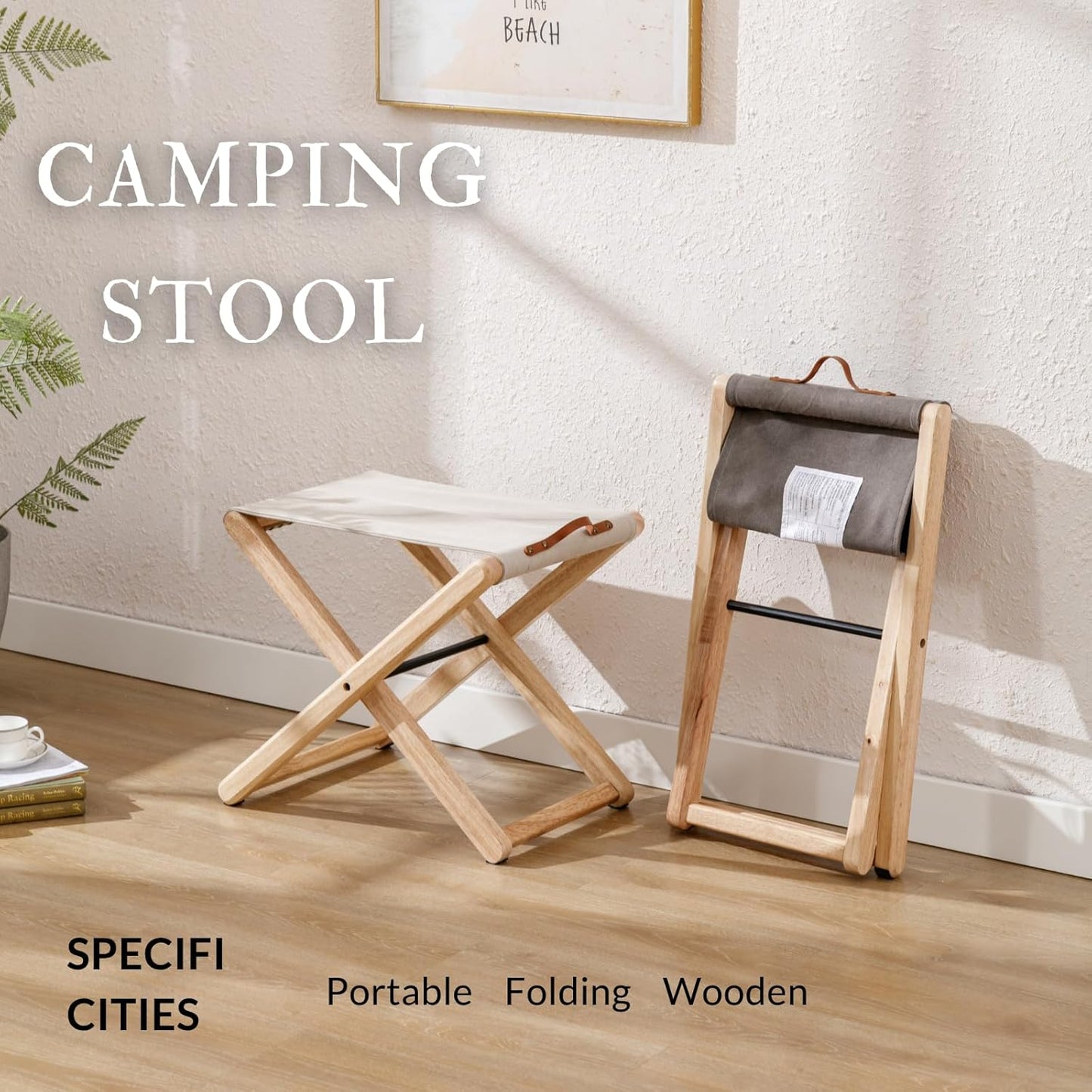 Folding Camping Stools Set of 2, Canvas Folding Stool with Wood Legs Portable Camp Stool Chairs for Outdoor Fishing Picnic Travel BBQ, Beige