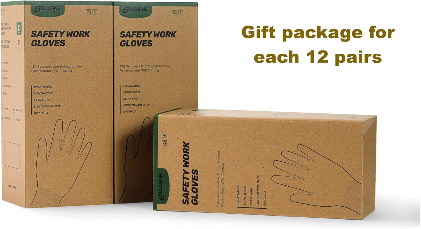 DULFINE Safety Work Gloves PU Coated for Men and Women-12 Pairs,Hi-Vis Seamless Knit Glove with Two Fingers Touchscreen,Ideal for General Duty Work (XX-Large)