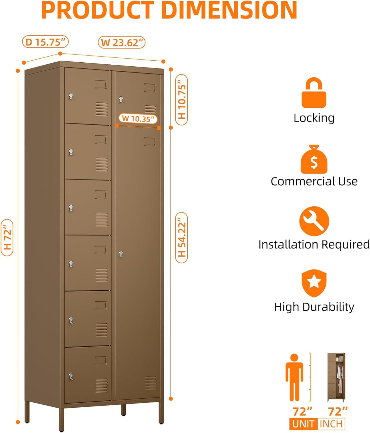 72" H Metal Storage Lockers with Doors and Rod,Industrial Combination Employee Lockers for Office,Home Gym,School,Assembly Required,7+1Doors,Coffee