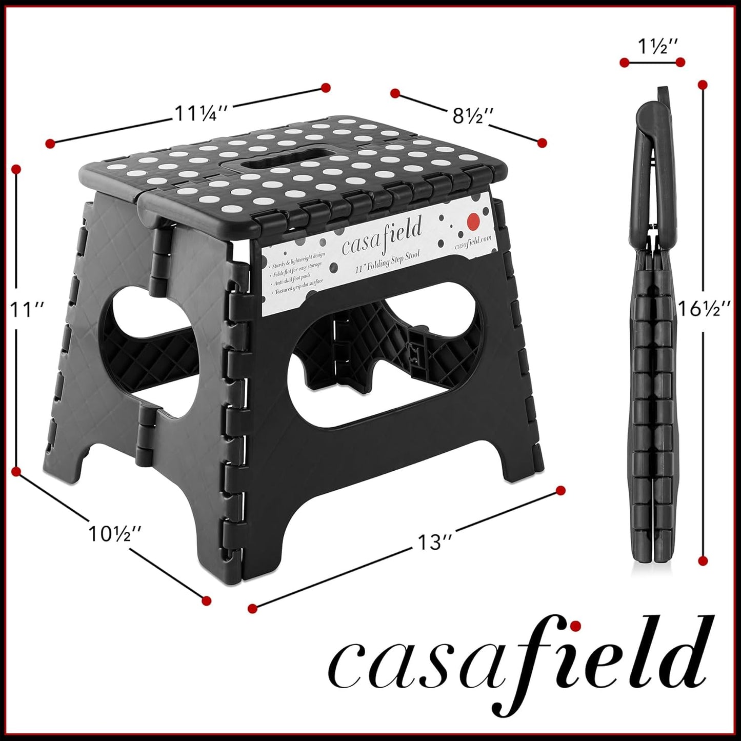 Casafield 11" Folding Step Stool with Handle, Black - Portable Collapsible Small Plastic Foot Stool for Kids and Adults - Use in The Kitchen, Bathroom and Bedroom