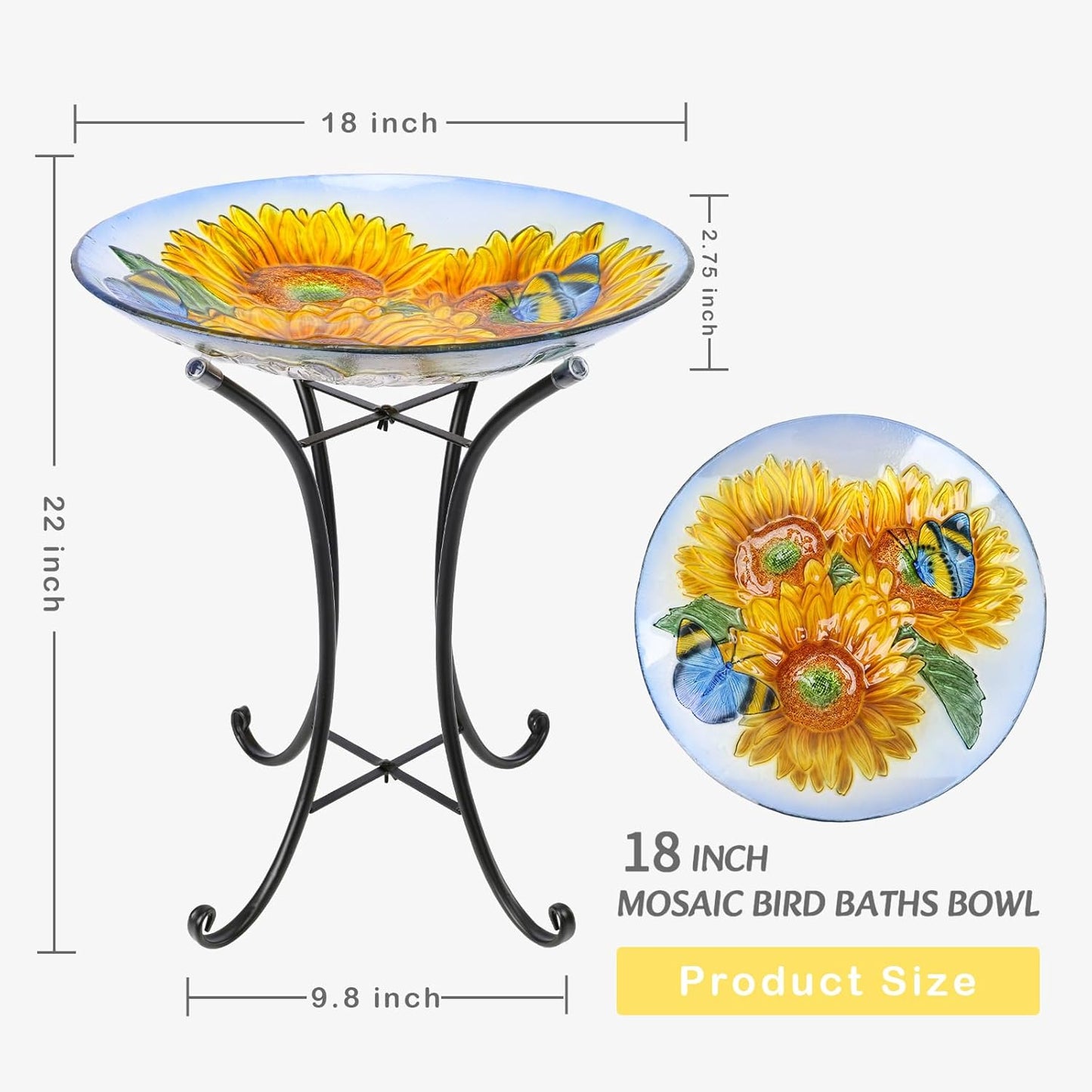 VCUTEKA Bird Baths for Outdoors, Glass Bird Bath with Metal Standing for Garden, Yards Patio Décor, Bird Lovers Gift, Sunflower Glass Birdbath Detachable (22" H * 18" W)