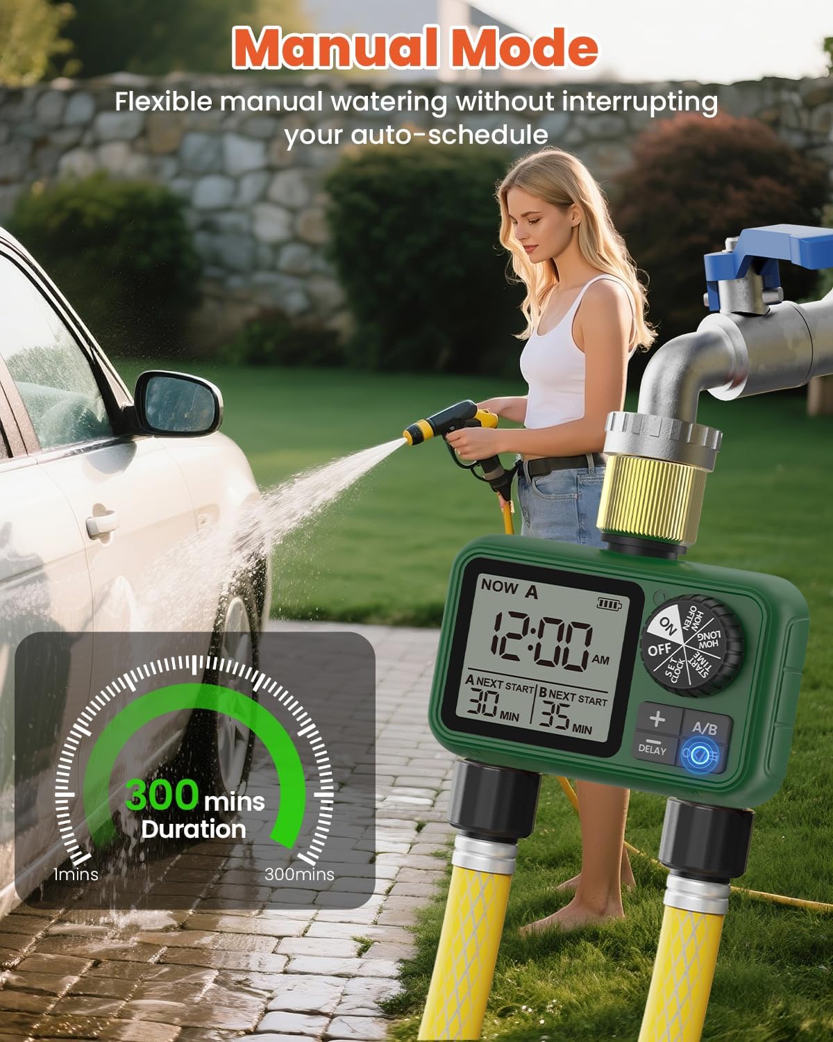 2 Outlet Sprinkler Timer Brass, XinFuture Programmable Water Sprinkler Controller for Yard, Lawn & Greenhouse, Automatic/Manual/Rain Delay Mode, Compatible with Drip Irrigation Systems