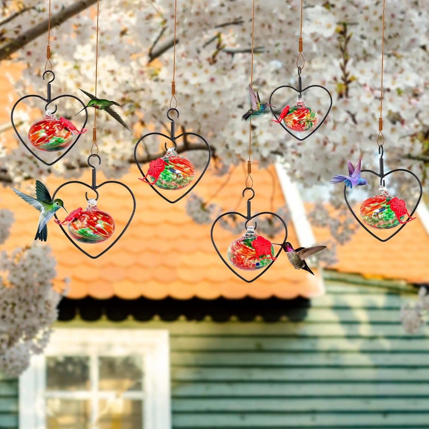6 Pcs Heart-Shaped Hummingbird Feeder for Outdoors, Flexible Stackable Hand Blown Glass Humming Bird Feeders with 6 Adjustable Perch for Garden Tree Yard Patio Outdoors (Heart Shaped, Red)