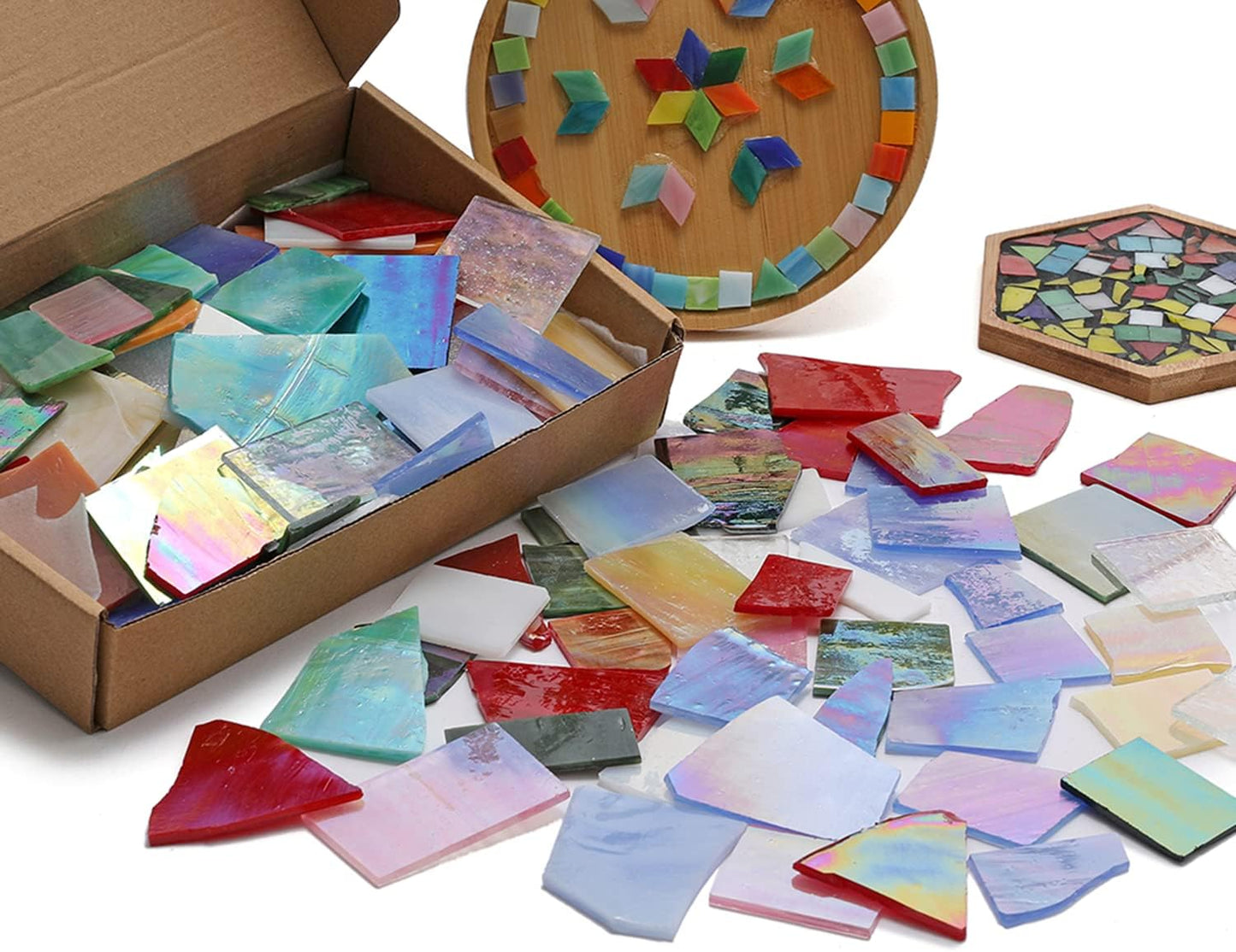 Lanyani Iridescent Stained Glass Pieces for Crafts and Decoration,Variety Irregular Broken Stained Glass Mosaic Tile Scraps,1Kg/35oz Pack