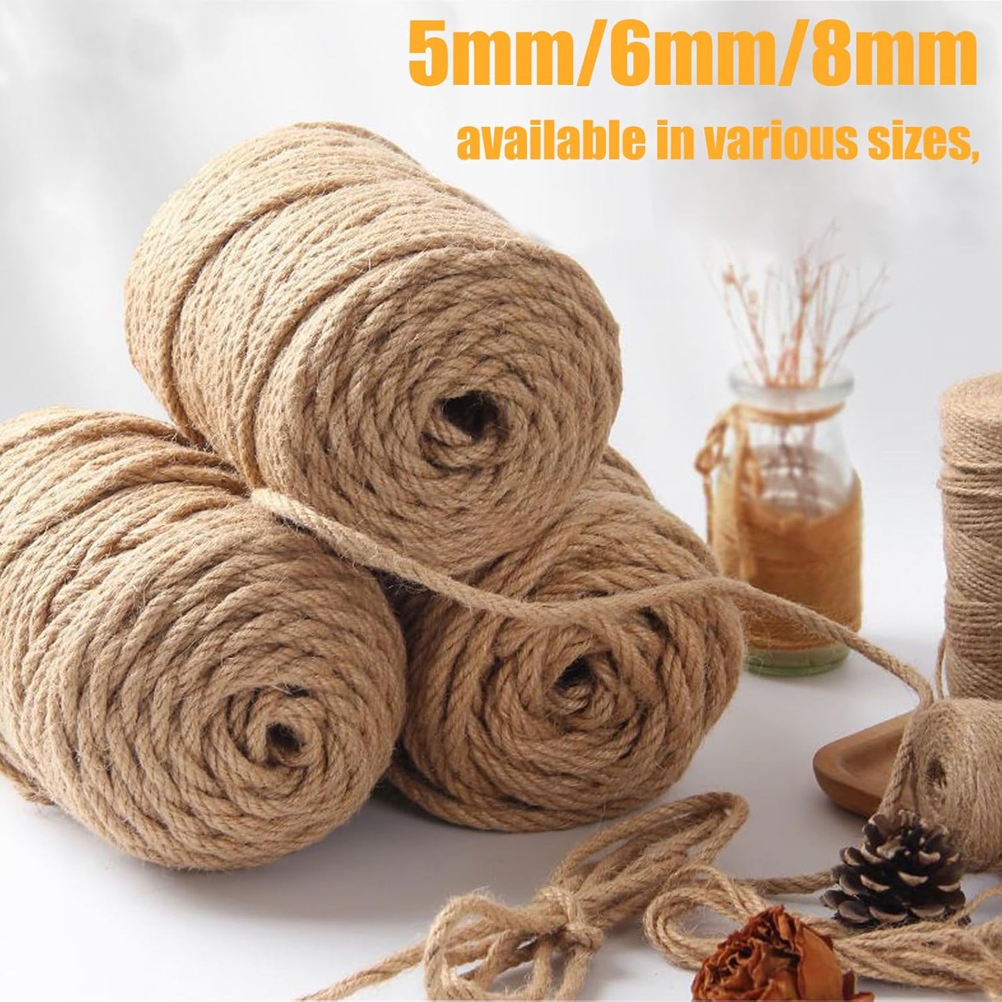 Jute Twine String 6mm x 328FT – Heavy Duty Natural Garden Twine for Crafts, Cat Scratching Posts, Packaging & DIY