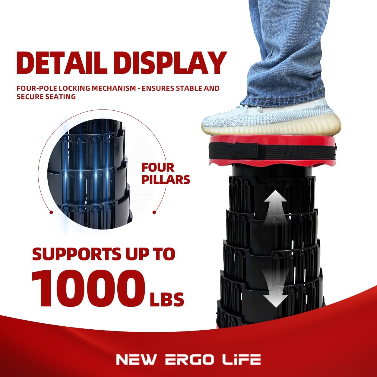 Portable Collapsible Stool - 4 Pillars Large Weight Capacity Travel-Friendly Folding Stool, Easy to Use Lightweight Telescoping Seat for Outdoor Activities, Camping & Hiking (Red)