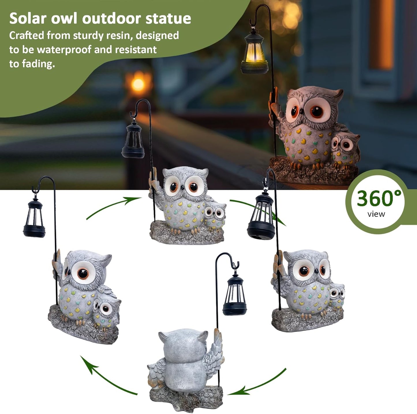 Garden Statues Owl with Solar LED Lantern, Resin Solar Garden Decor for Outside, Yard Decorations Outdoor for Patio, Porch, Balcony, Lawn Ornaments, House Warming Birthday Gifts for Mom Women Grandma