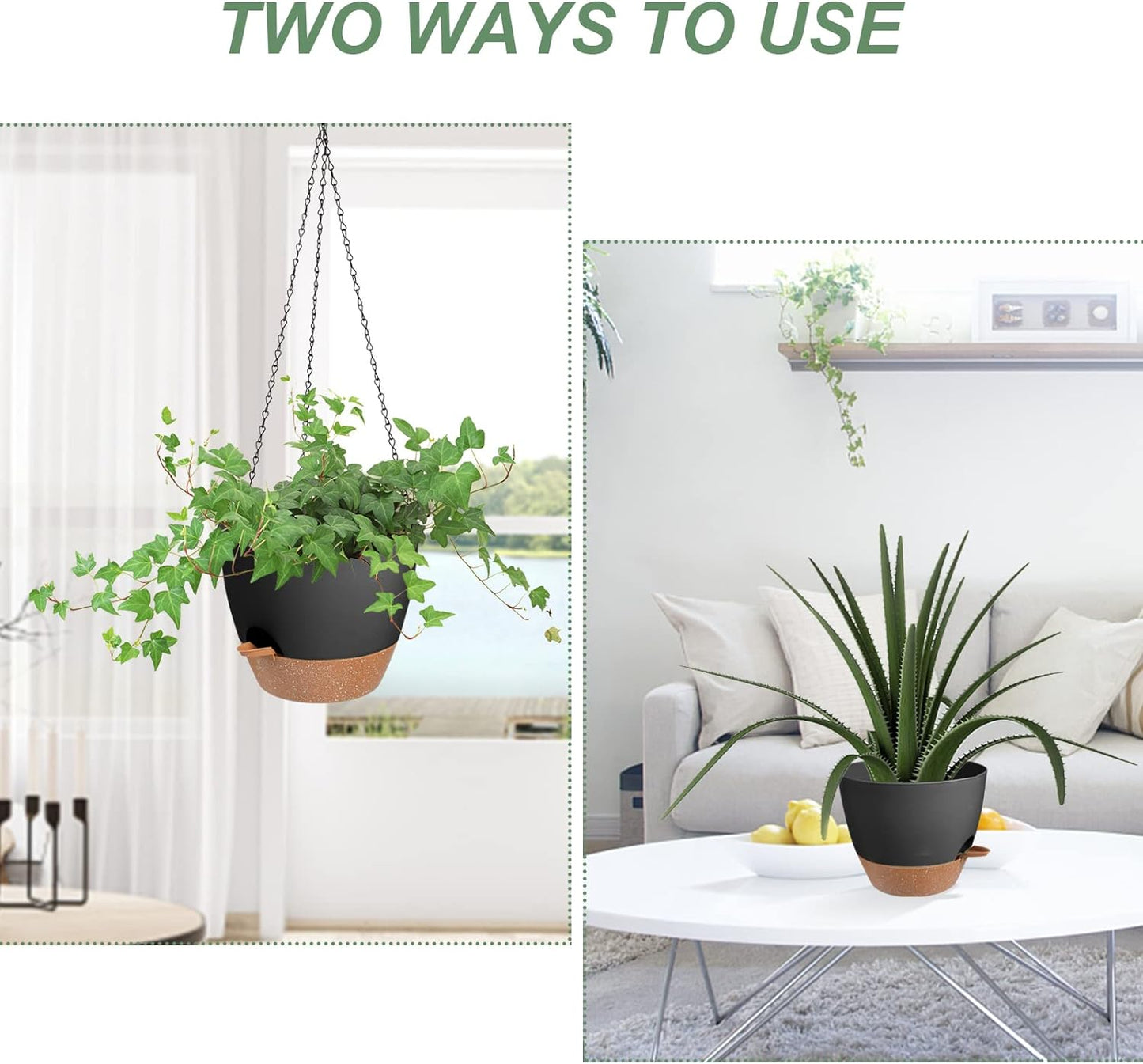 Hanging Planters for Indoor Outdoor Plants, 2 Pack Self Watering Hanging Pot with Drainage Holes & Removable Tray (Black, 8'')