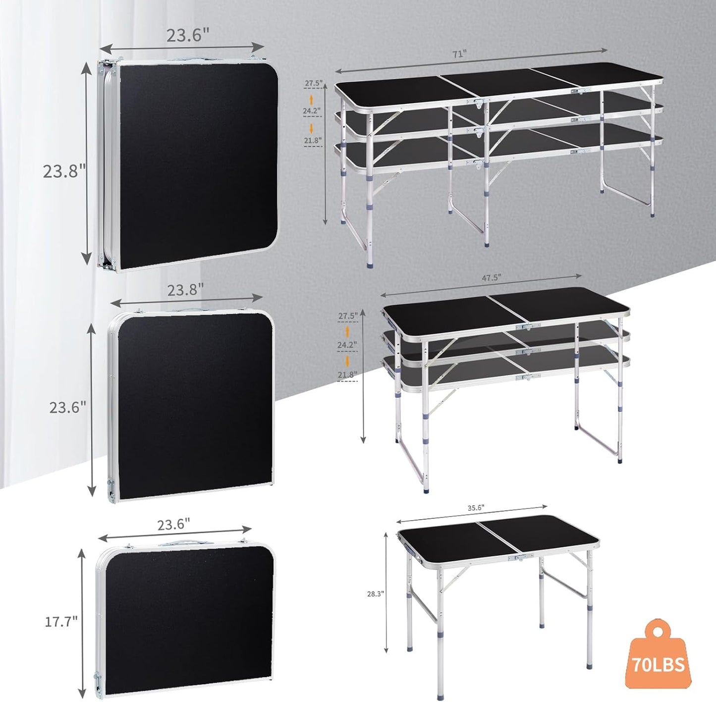 6.0 Ft Folding Portable Camping Table with Three Adjustable Heights, Tri-fold Outdoor Table, Outdoor Camping Kitchen, BBQ, Picnic, Cooking, Beach, Garden, Party, Black
