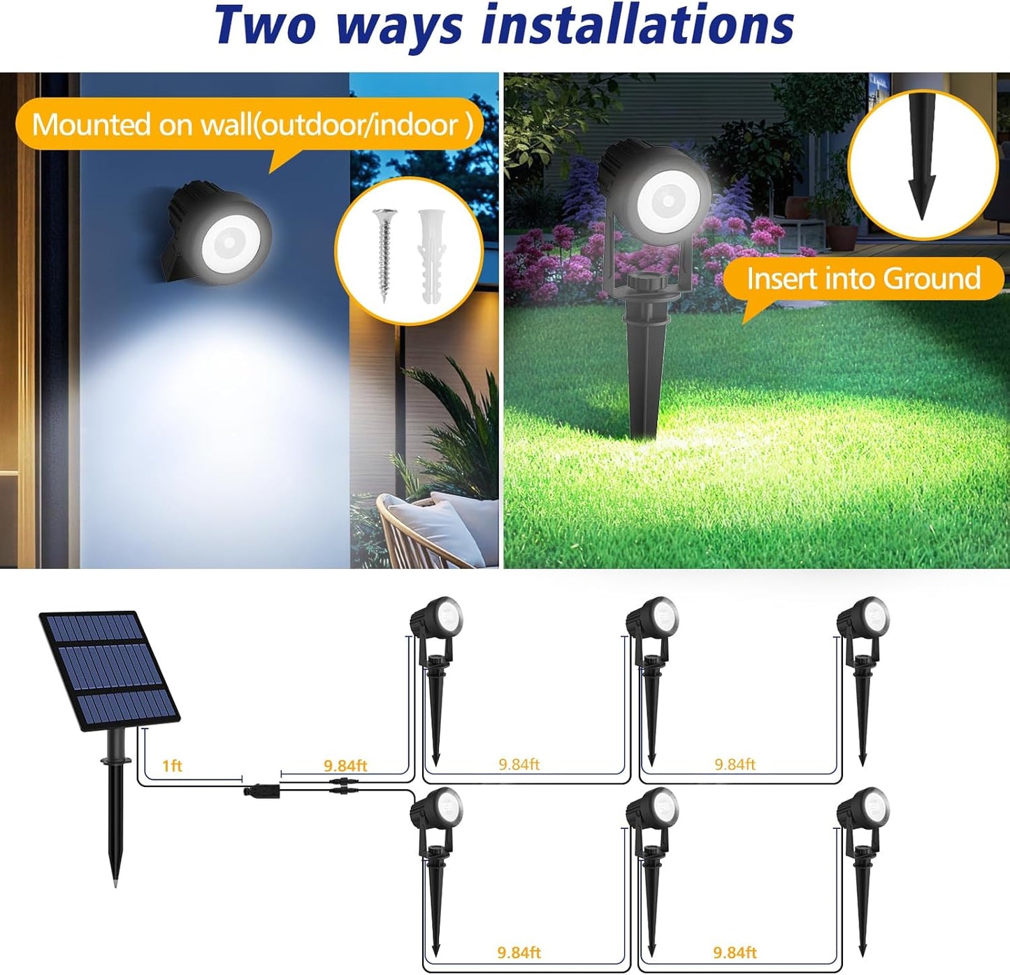 T-SUNUS Halloween Solar Garden Spotlight Outdoor 6-in-1 White Landscape Spot Lights IP65 Waterproof Separated Panel Dusk to Dawn 6000K Spotlights for Christmas Tree Yard Driveway Pathway Porch Walkway