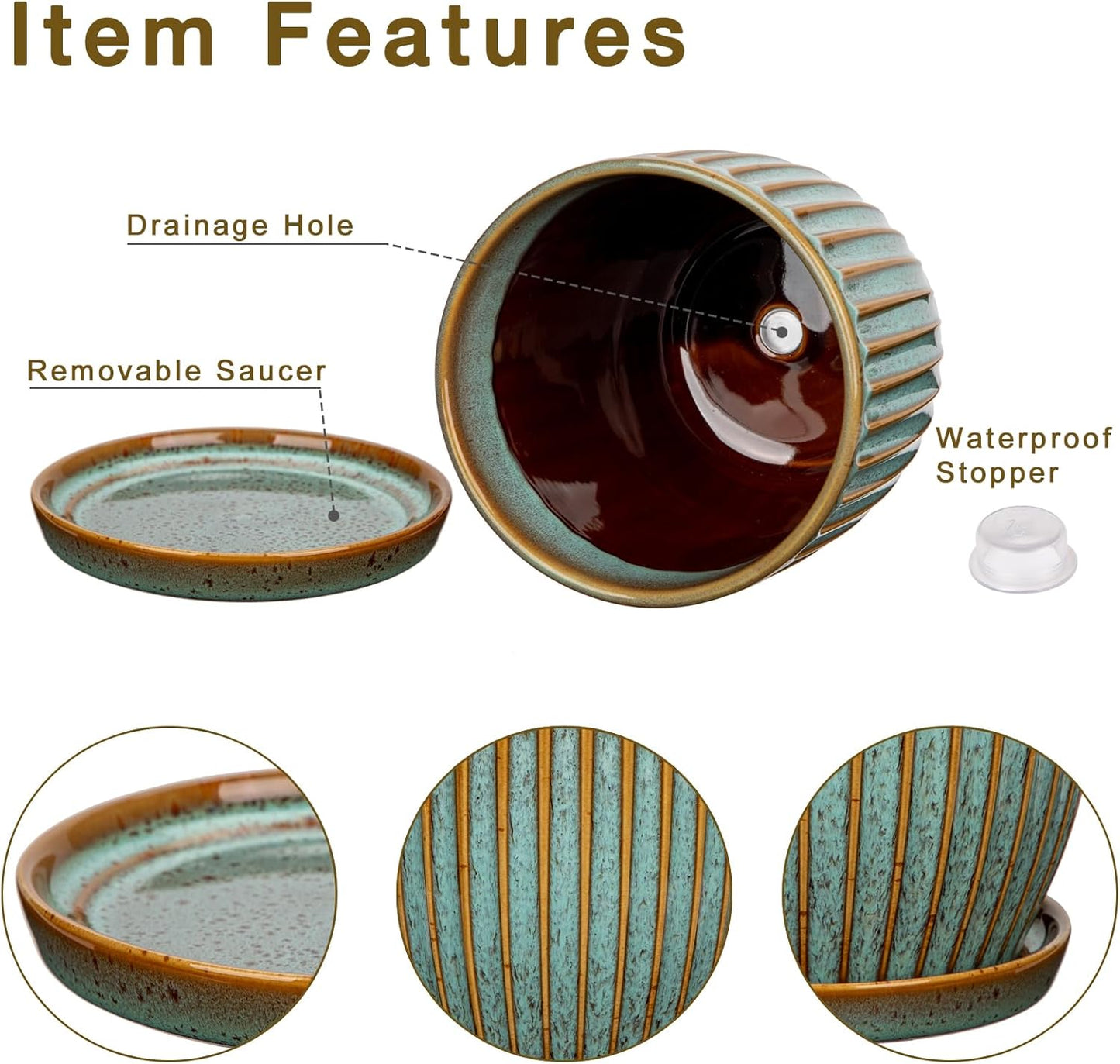 Oairse Ceramic Pots for Indoor Plants, 4.9 + 5.7 Inch Set of 2 Bluish Grey With Drainage Holes and Saucers, Texture Planters for Succulent, Indoor Outdoor Flower