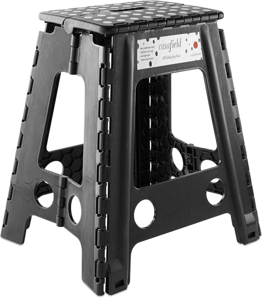 Casafield 18" Folding Step Stool with Handle, Black - Portable Collapsible Small Plastic Foot Stool for Adults - Use in The Kitchen, Bathroom and Bedroom