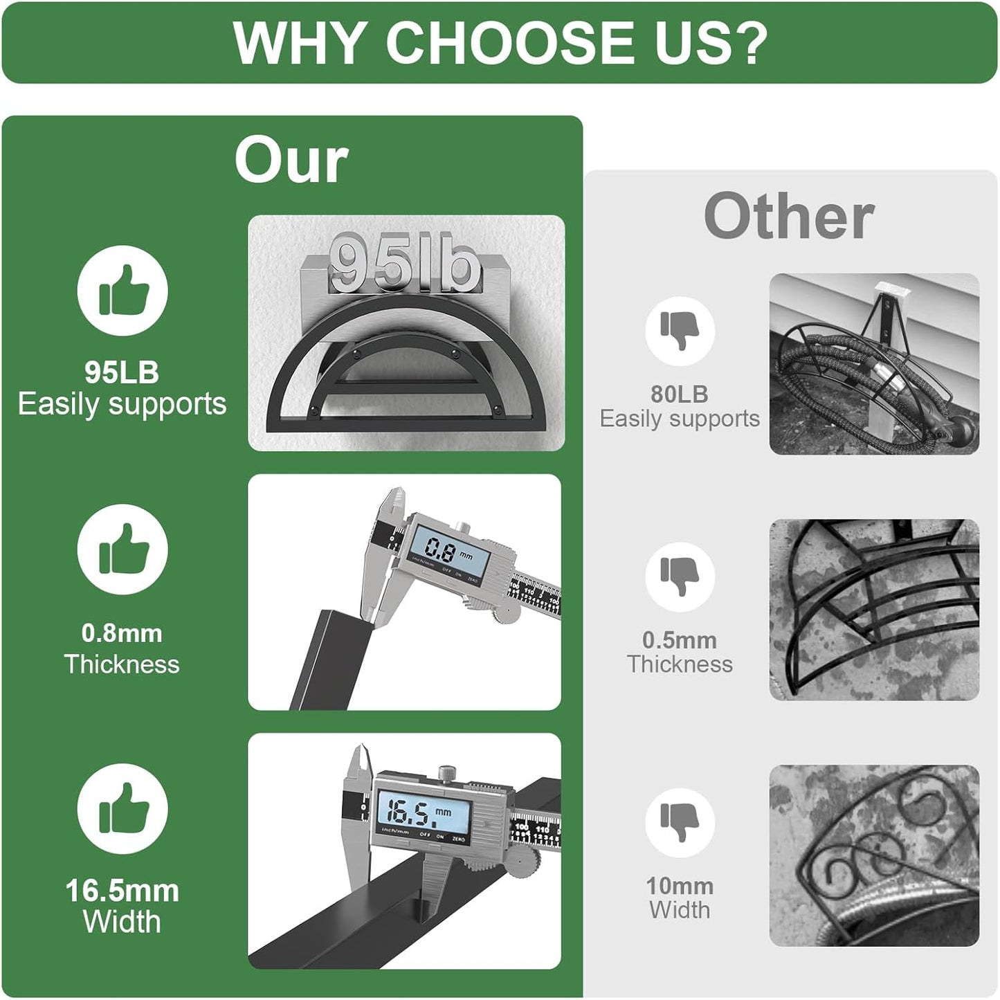 2 Pack Garden Hose Holder, Outdoor Hose Holder Wall Mounted Holds 125-ft Hose, Heavy Duty Metal Hose Hanger, Sturdy Detachable Hose Reel Storage Organizer, Hose Rack for Outside Garden Lawn Yard Farm