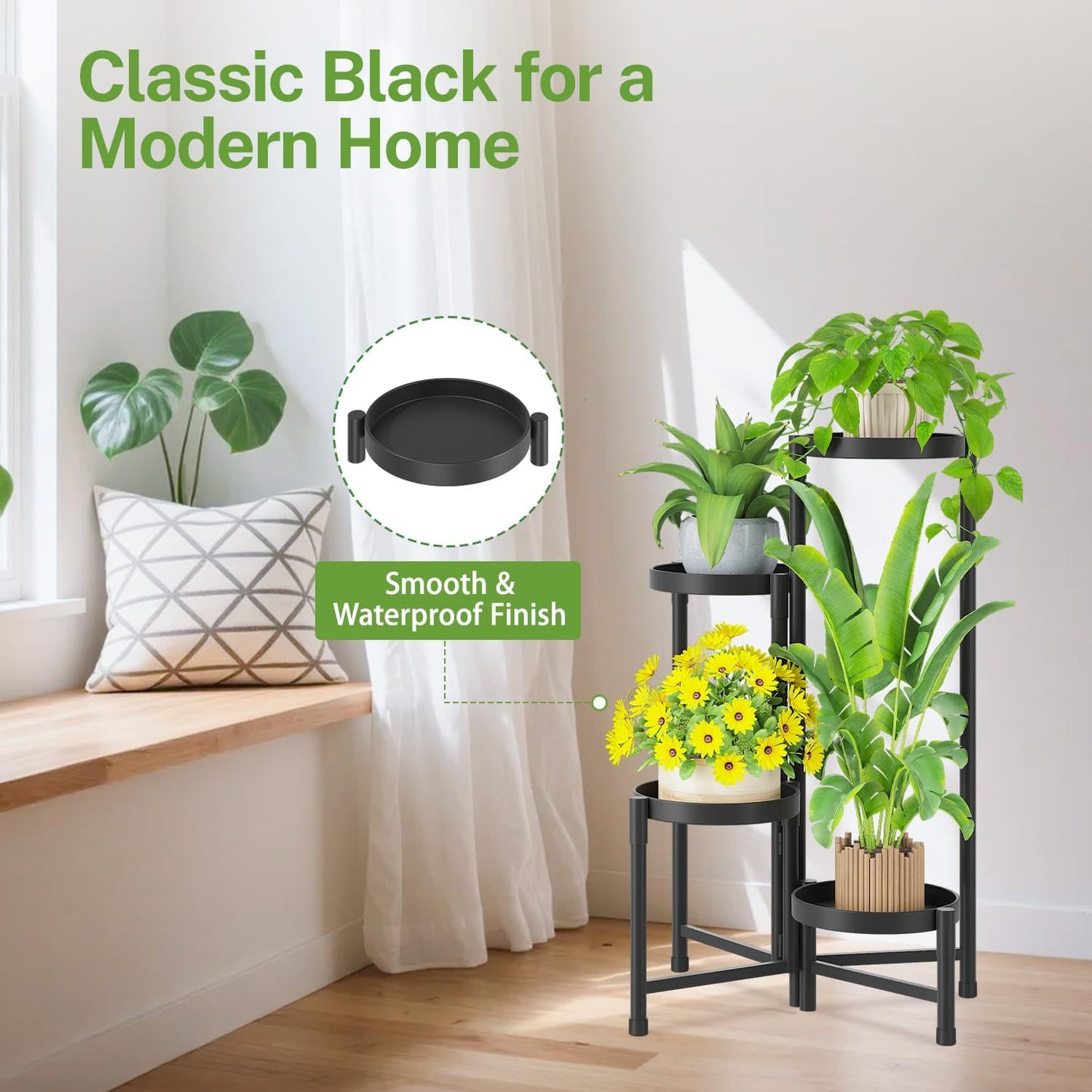 iDavosic.ly Plant Stand Indoor Outdoor, 4 Tier Corner Metal Flower Display Holder Shelf, Folding Tall Orchid Rack for Patio Balcony Porch Garden Living Room House, Black