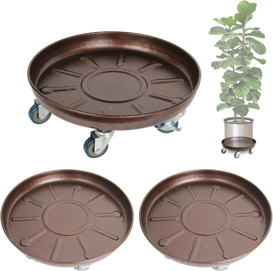 Heavy Duty Plant Caddy with Solid Rubber Wheels, Lockable, Increased Load Capacity, One-Minute Installation, Suitable for Indoor, Outdoor, Patio, Garden Settings, 16 Inches 3PACK, Brown