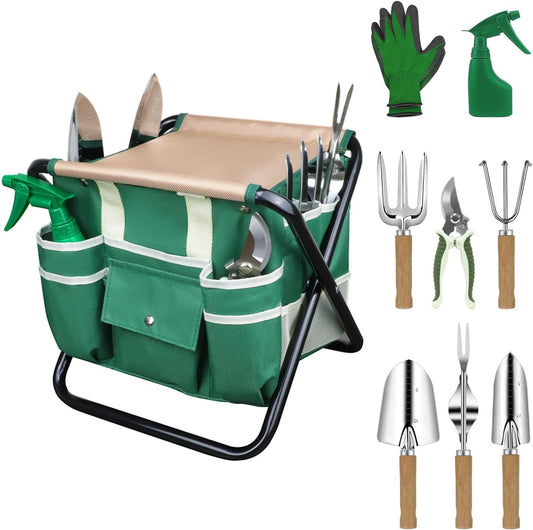LeMotech Garden Tool Set,10 Pieces Heavy Duty Gardenting Tool Kit, Folding Stool with Detachable Tote Bag, Thicker Stainless Steel Tools (Trans-Planter,Trowel,Weeder etc.) for Women Men