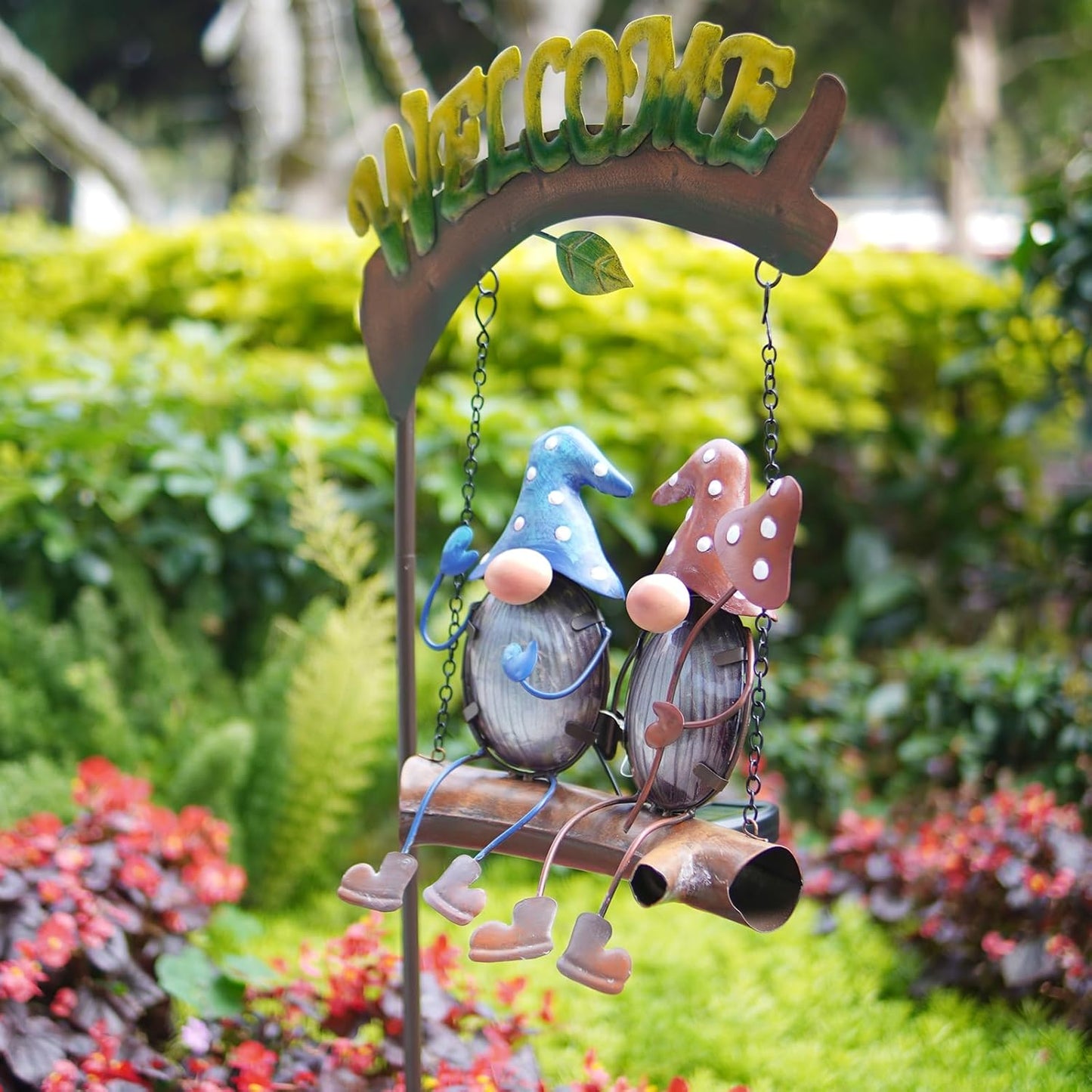 HONGLAND Gnome Garden Decor with Solar Lights, Funny Gnomes Swing Outdoor Decor, Gardening Gifts for Women Mom, Gnomes Yard Decorations with Welcome Sign for Lawn Porch Backyard Patio