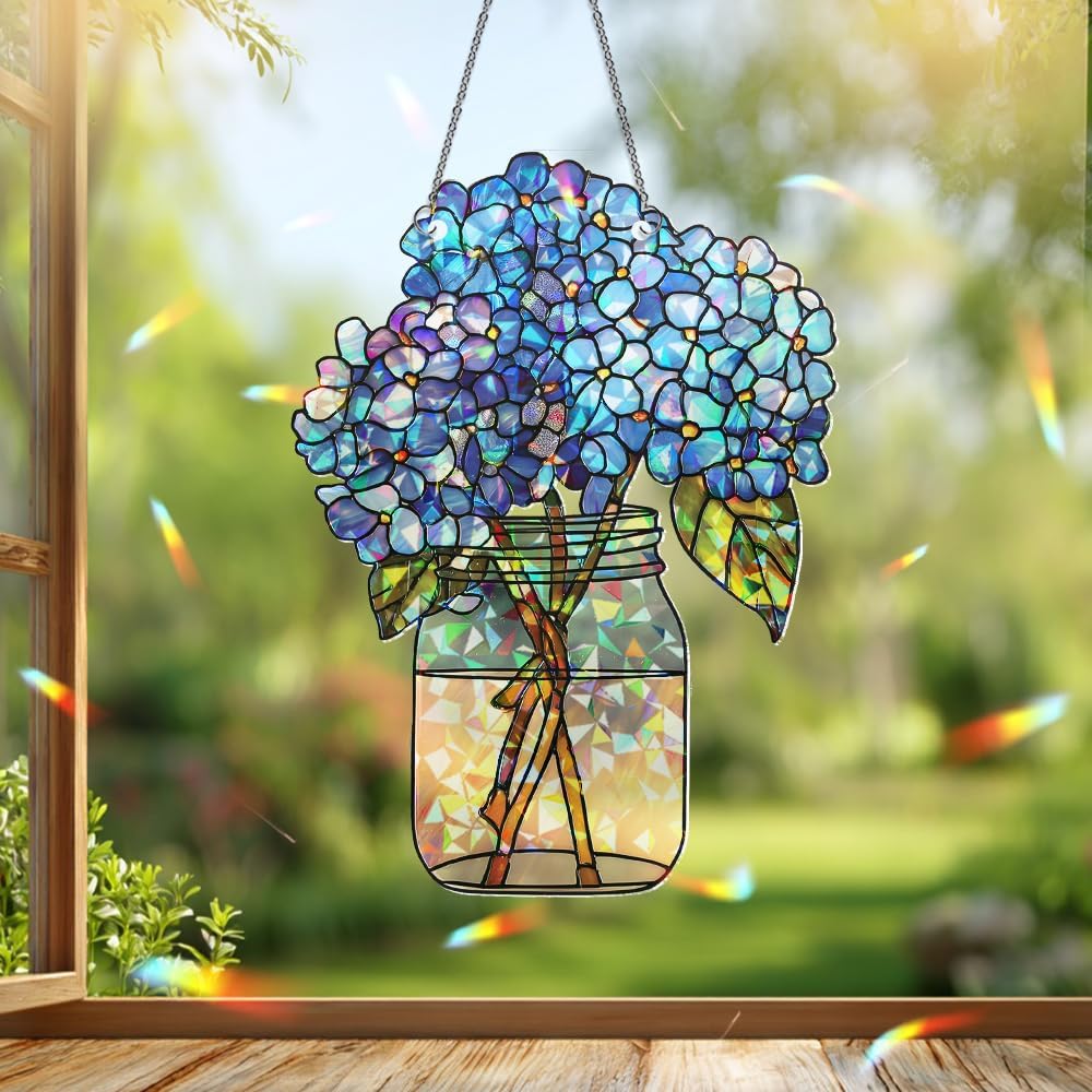 Hydrangea Flower Stained Glass Suncatcher – Acrylic Window Ornament, Sun Catchers Indoor Window Decor for Kitchen and Garden Gift, Housewarming Xmas Gift for Mom, Nana, Grandma