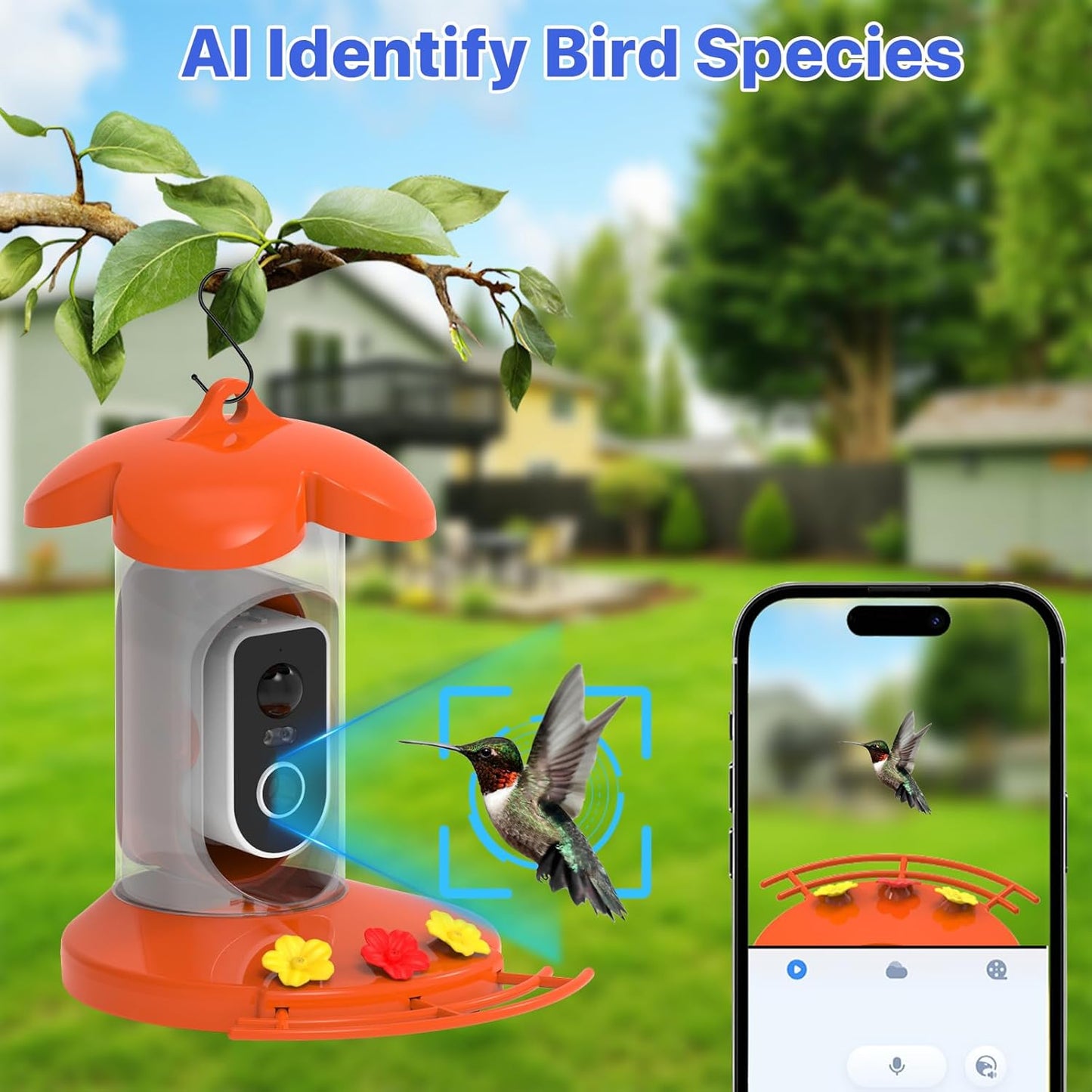 Hummingbird Feeder with Camera for Outdoor - 2K QHD Video, Instant Notifications & AI Bird Species, Ant Moat, Bee Proof, Motion Detection, 2.4G WiFi, Signal Booster, Gift for Bird Lovers OrangeS1