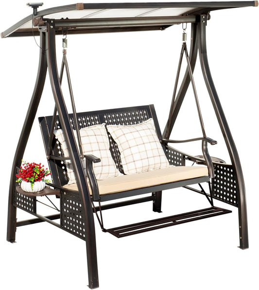 2/3-Seat Outdoor Patio Porch Swing with Adjustable Aluminum Alloy Canopy Solar Patio Swing Chair Bench with Footrest Side Cup Holder for Backyard Lawn (AEBS Red Copper-2 Seat)