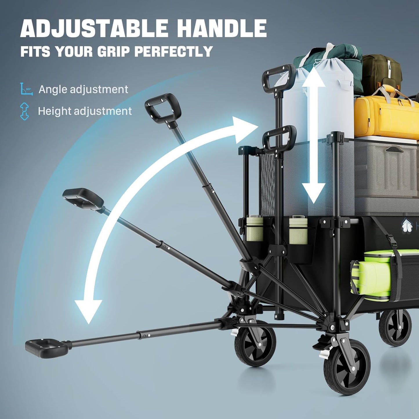 Folding Wagon Cart Foldable with Wheels, Adjustable Decker 150L-300L Capacity, All-Terrain Wheels & Brake, 450LBS Heavy Duty Collapsible Wagon for Beach, Camping, Outdoor