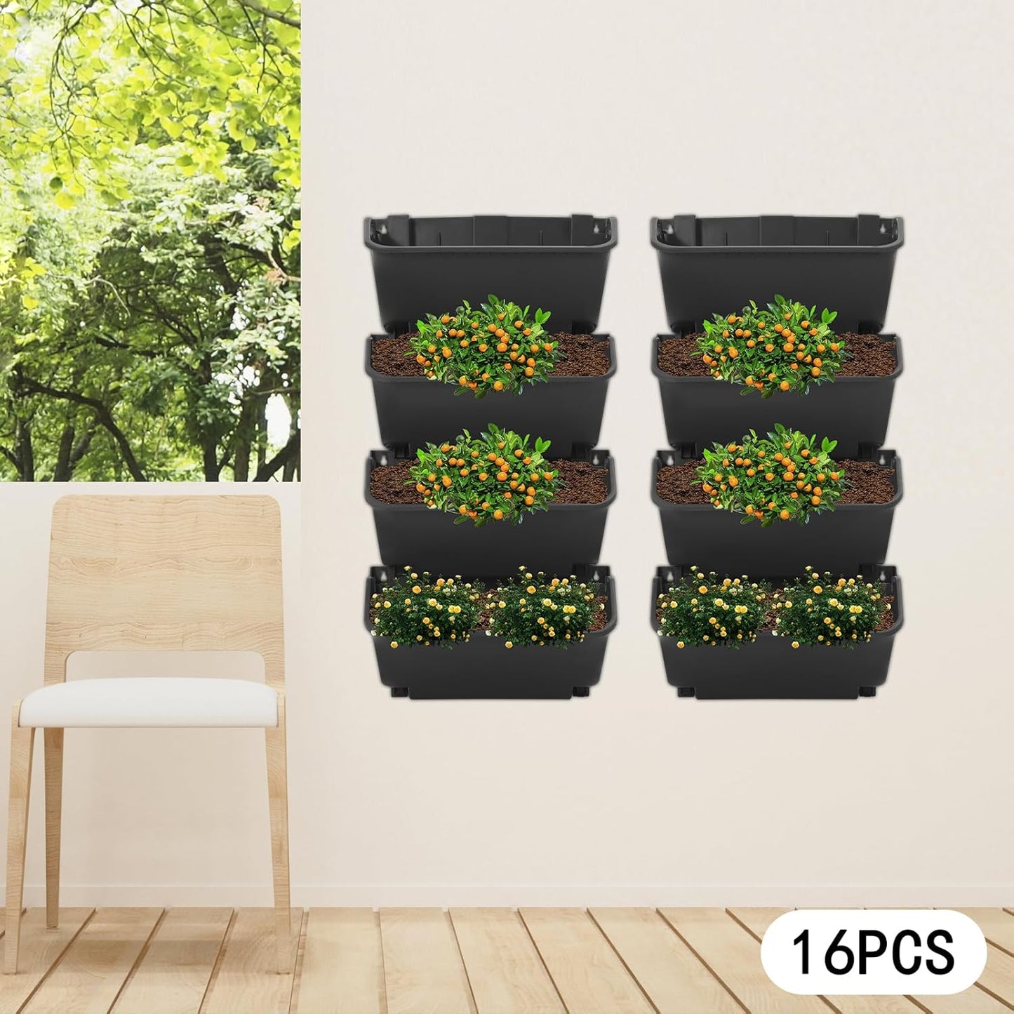 16-Pot Vertical Wall Planter, Self-Watering Stackable Planters for Indoor & Outdoor Use, Perfect for Herbs, Flowers & Vegetables (16, Black)