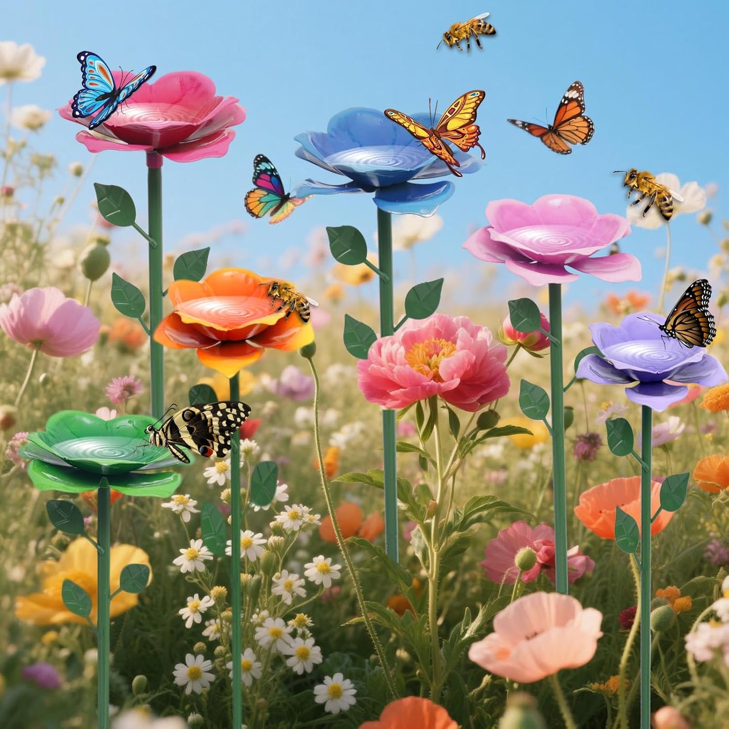 Bee Watering Station, Butterfly Feeder, Metal Bee Water Feeder with Flower Design,Elegant Outdoor Rose Yard & Patio Decoration (4PCS)