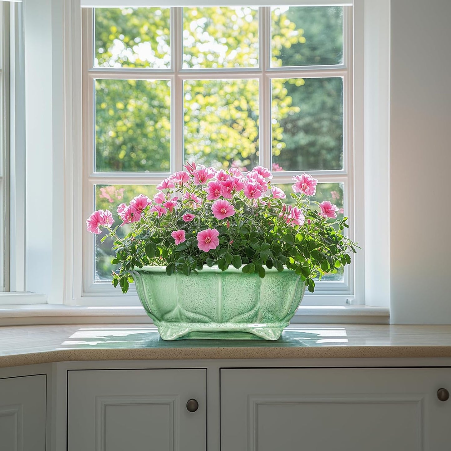 Bonsai Tree Pot - 13.2 Inch Large Ceramic Succulent Planter for Indoor Outdoor, Oval Plant Pot with Drainage Hole, Decorative Flower Pots, Home Decor, Gifts for Plant Lovers, Green