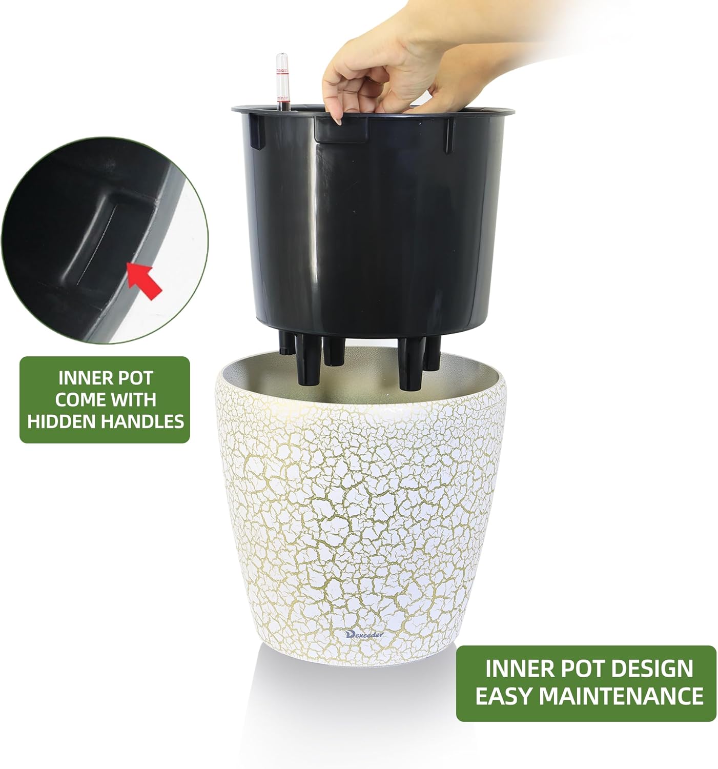 Dexceder 11x10 Inches Self Watering Planter Indoor Outdoor, Inner Pot Design, Thickened Table Flower Plant Pot with Water Level Indicator (White Gold Crackle)