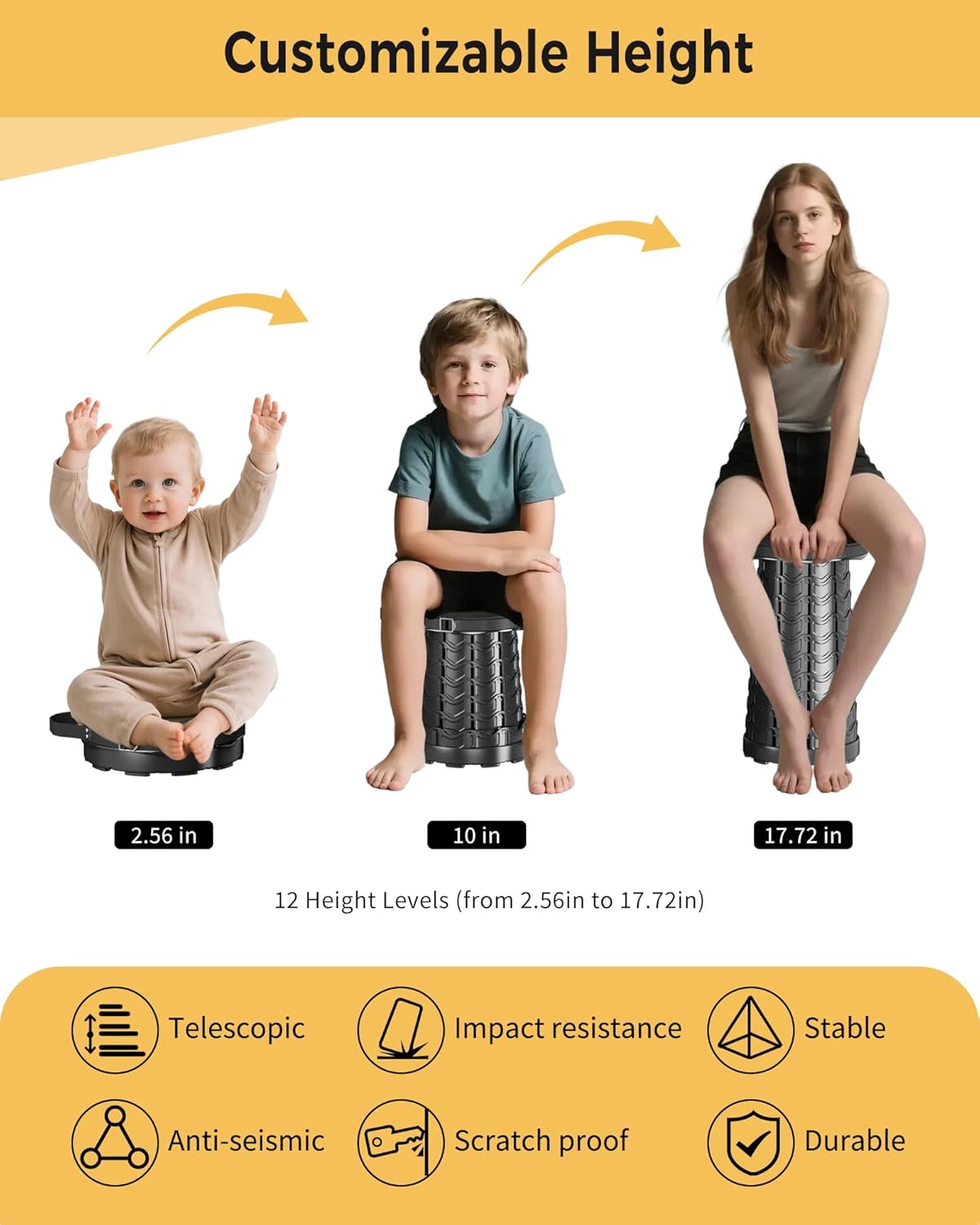 Upgraded 2PCS Collapsible Stool with Cushion & Waterproof Bag - 400lbs Heavy Duty Portable Folding Stool for Adults, Telescoping Camping Seat with Carrying Straps for Fishing Hiking Travel BBQ