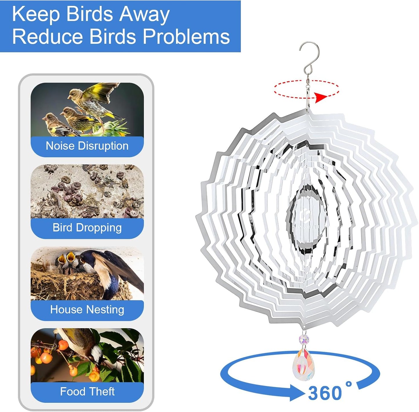 3D Wind Spinners Outdoor Flowing-Light Effect Metal Garden Decor, Highly Reflective Bird Deterrents for Outside, Mirrored Wind Sculptures to Scare Birds Away from Yard Patio Farm (Vortex-Silver)