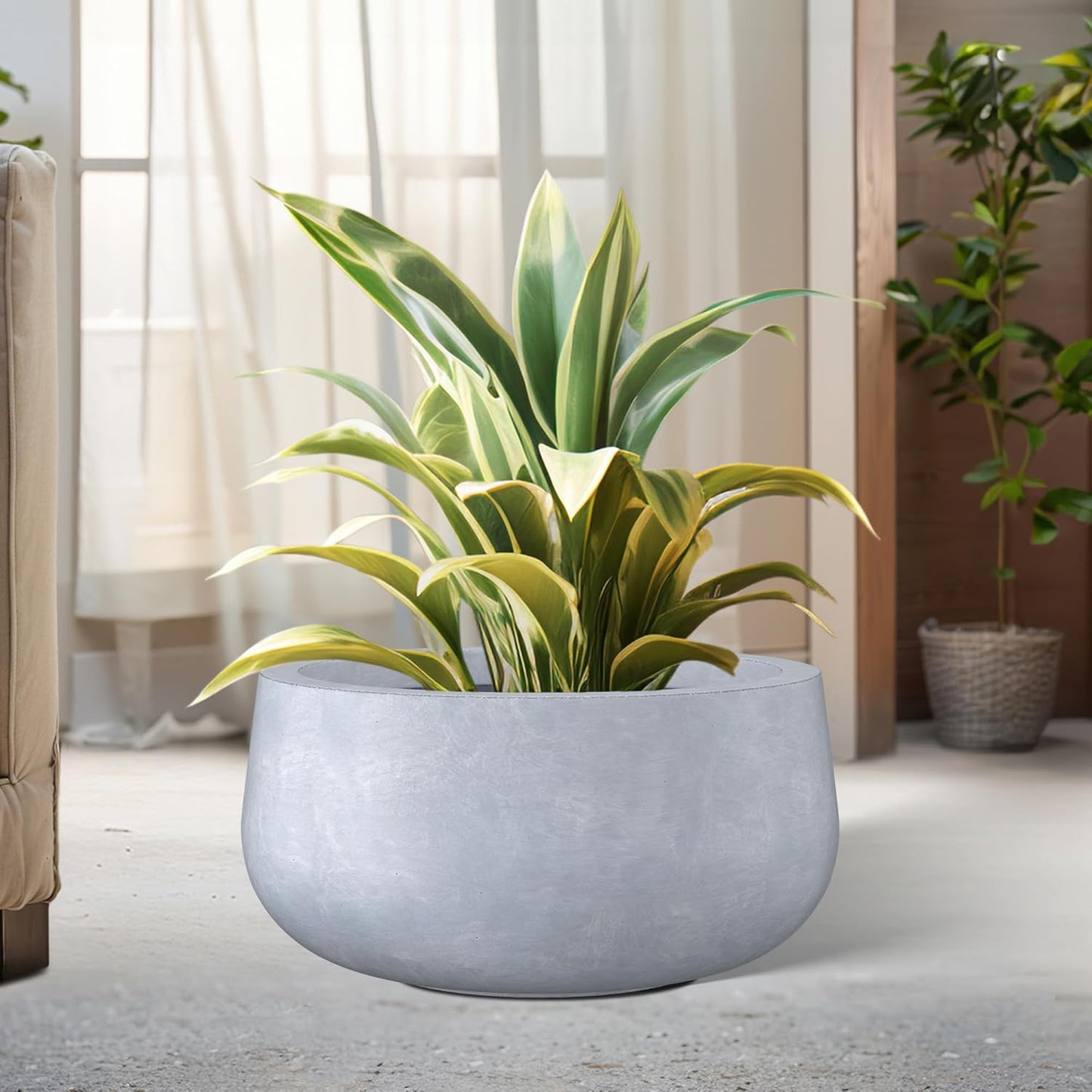 Kante 15.7" Dia Round Concrete Planter, Cement Plant Pots with Drainage Hole and Rubber Plug for Outdoor Indoor Garden Home, Modern Curvaceous Design, Gray
