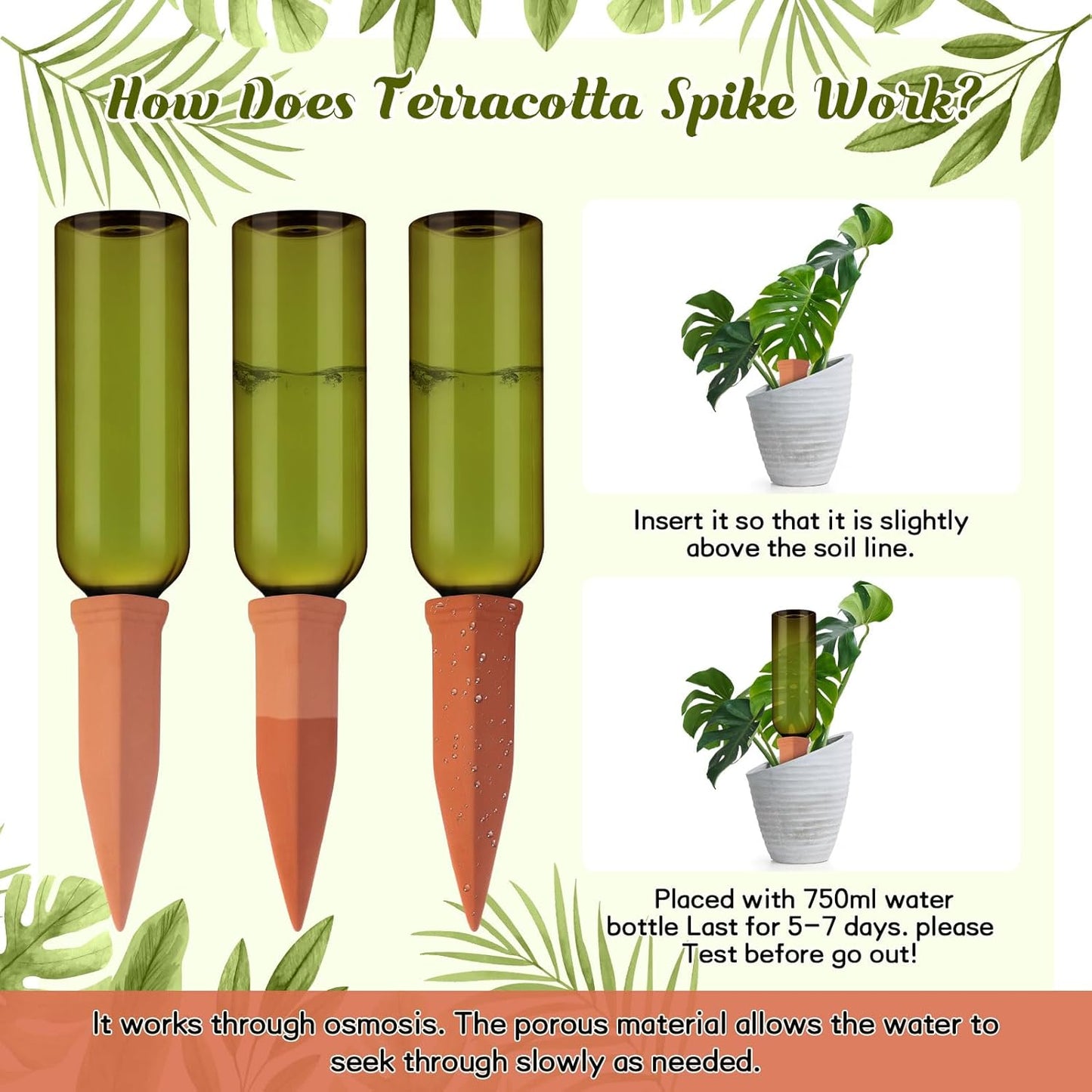 6 Sets Plant Watering Devices Include Terracotta Self Watering Spikes and 26 oz Plastic Bottles, Slow Release Vacation Insert Automatic Plant Waterer Device (Green and Terracotta)