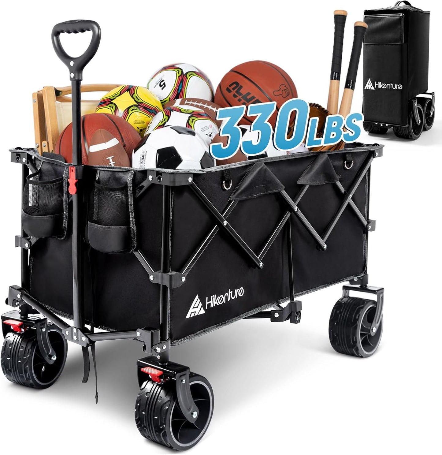 Hikenture Collapsible Wagon Cart, 330lbs Capacity Beach Wagons with Big Wheels for Sand, Heavy Duty Foldable Cart with Brakes, Portable Utility Folding Garden Cart for Outdoor