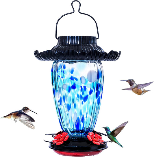 Muse Garden Solar Hummingbird Feeders for Outdoors Hanging, 38oz Hand Blown Glass Humming Bird Feeders for Garden Decor, Moms Birthday Unique, Blue