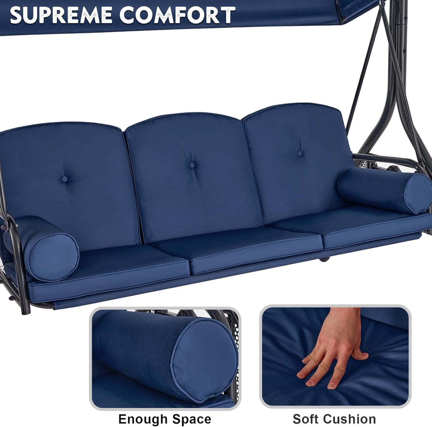 HOMREST 3 Seat Outdoor Porch Swing with Adjustable Canopy, Convertible Patio Swing Bed with Stand, Patio Glider Swing with Upgraded Cup Holder, Thicken Cushions ＆ Pillow for Backyard (Blue)
