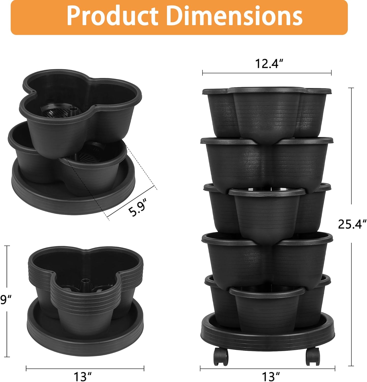 VECELO 5 Tier Vertical Garden Planter, Self Watering Stackable Planters with Wheels for Strawberries, Herbs, Flowers, Vegetables, Black