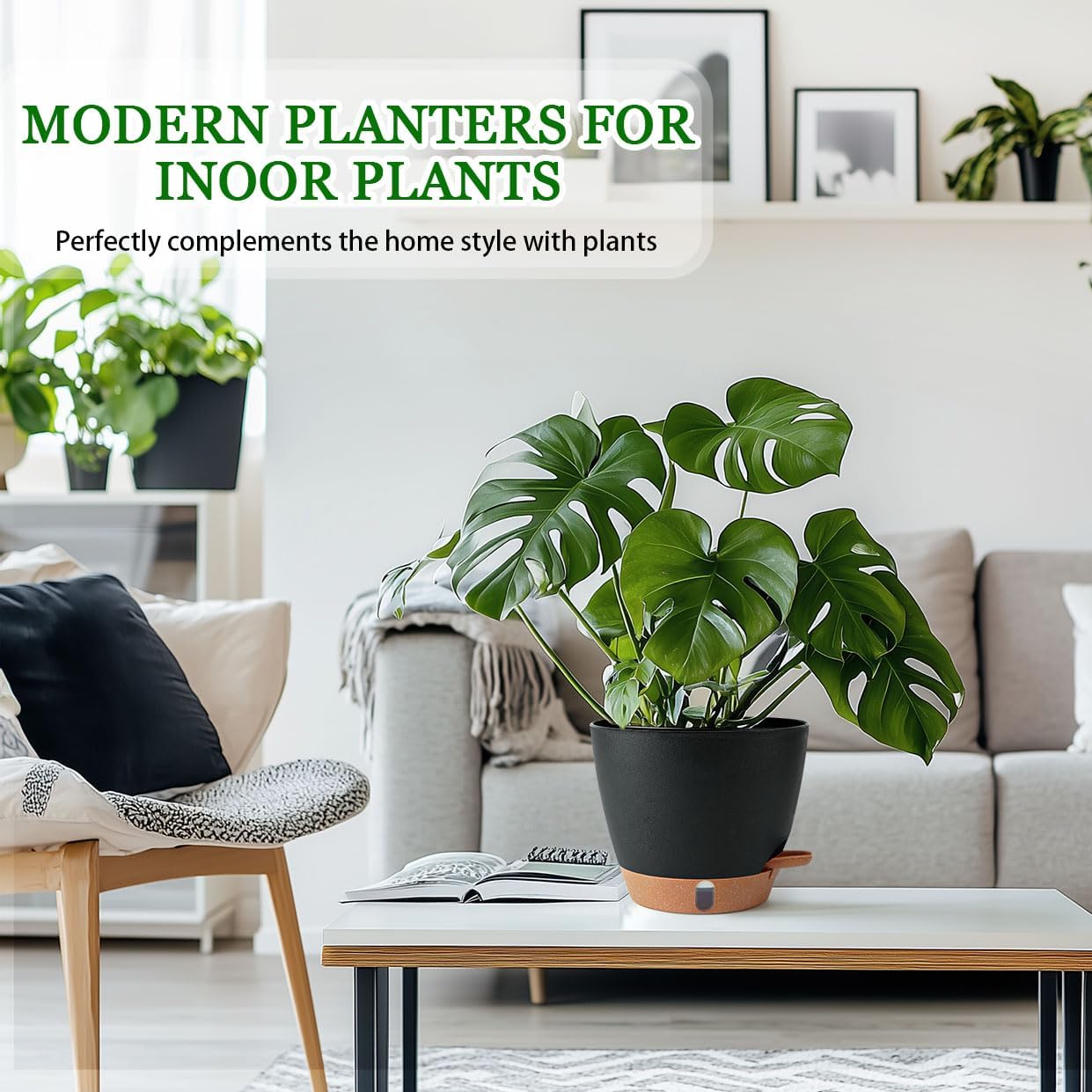 2 Pack 8 Inch Pots for Plants Indoor, Plastic Self Watering Planters with Drainage Holes, Water Level Indicator & Deep Reservoir, Decorative Flower Pots Indoor Outdoor Use (Black