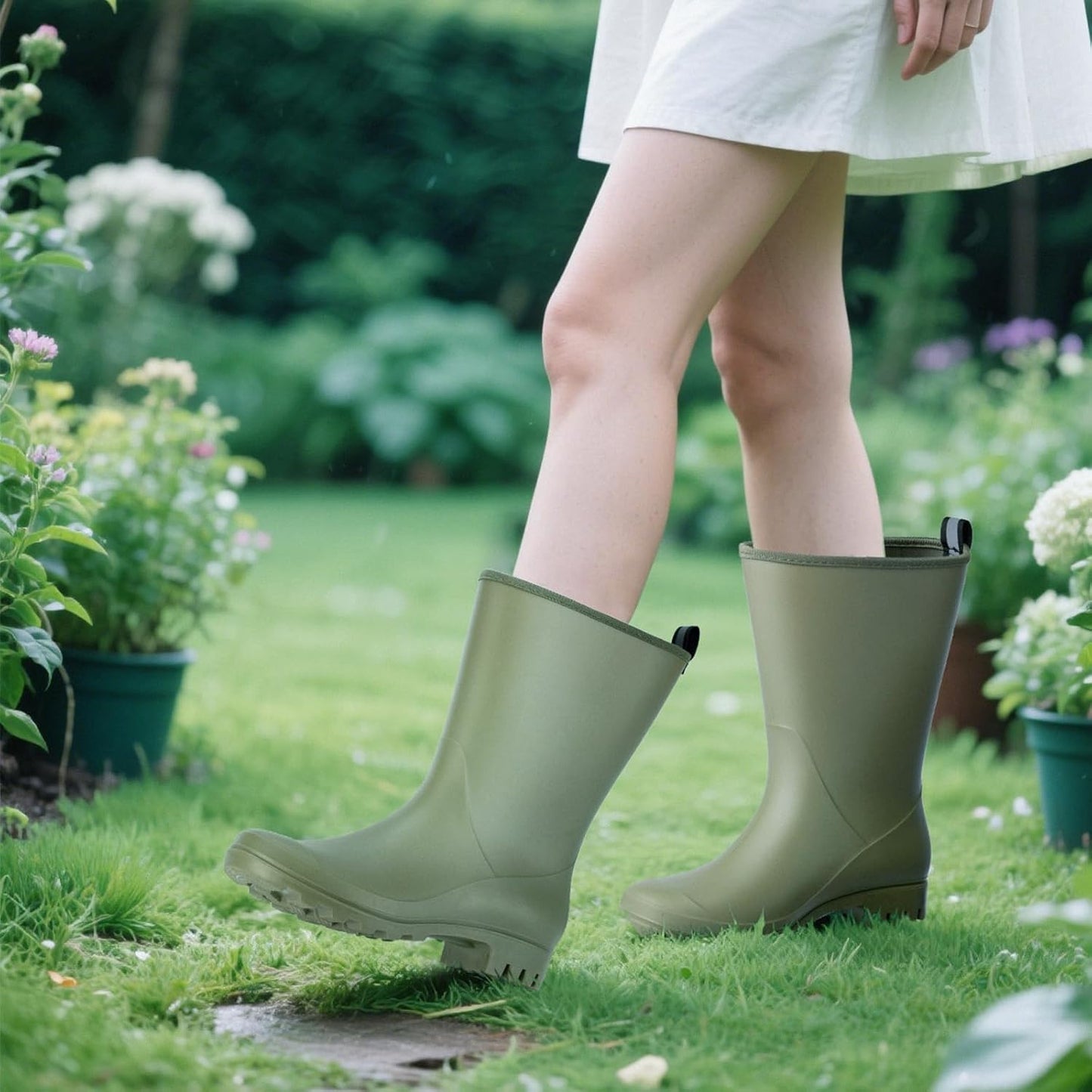 Mid Calf Rain Boots Women Waterproof PVC Womens Rubber Rain Boot Seamless Rain Footwear Outdoor Garden Work Walking