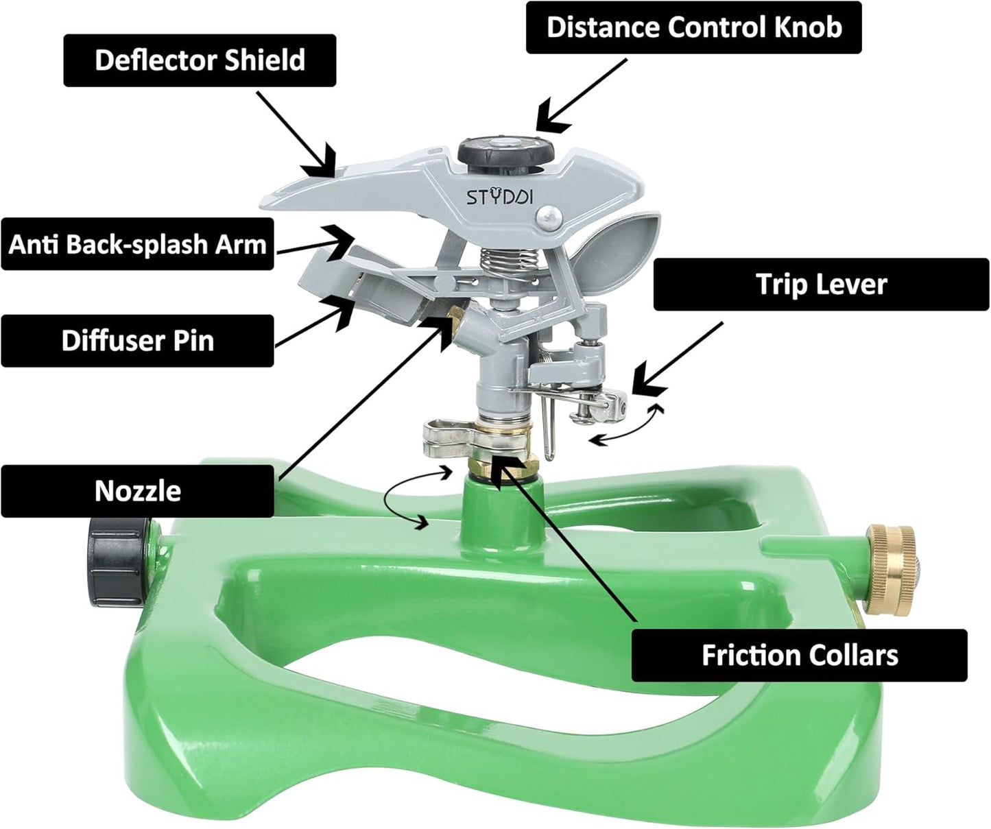 STYDDI Deluxe Pulsating Impact Sprinkler with Heavy Duty Metal Base, Pro Metal Adjustable Circular Water Sprinkler for Medium to Large Lawn, Yard, Garden and Large Areas, Coverage up to 6,360 Sq. ft