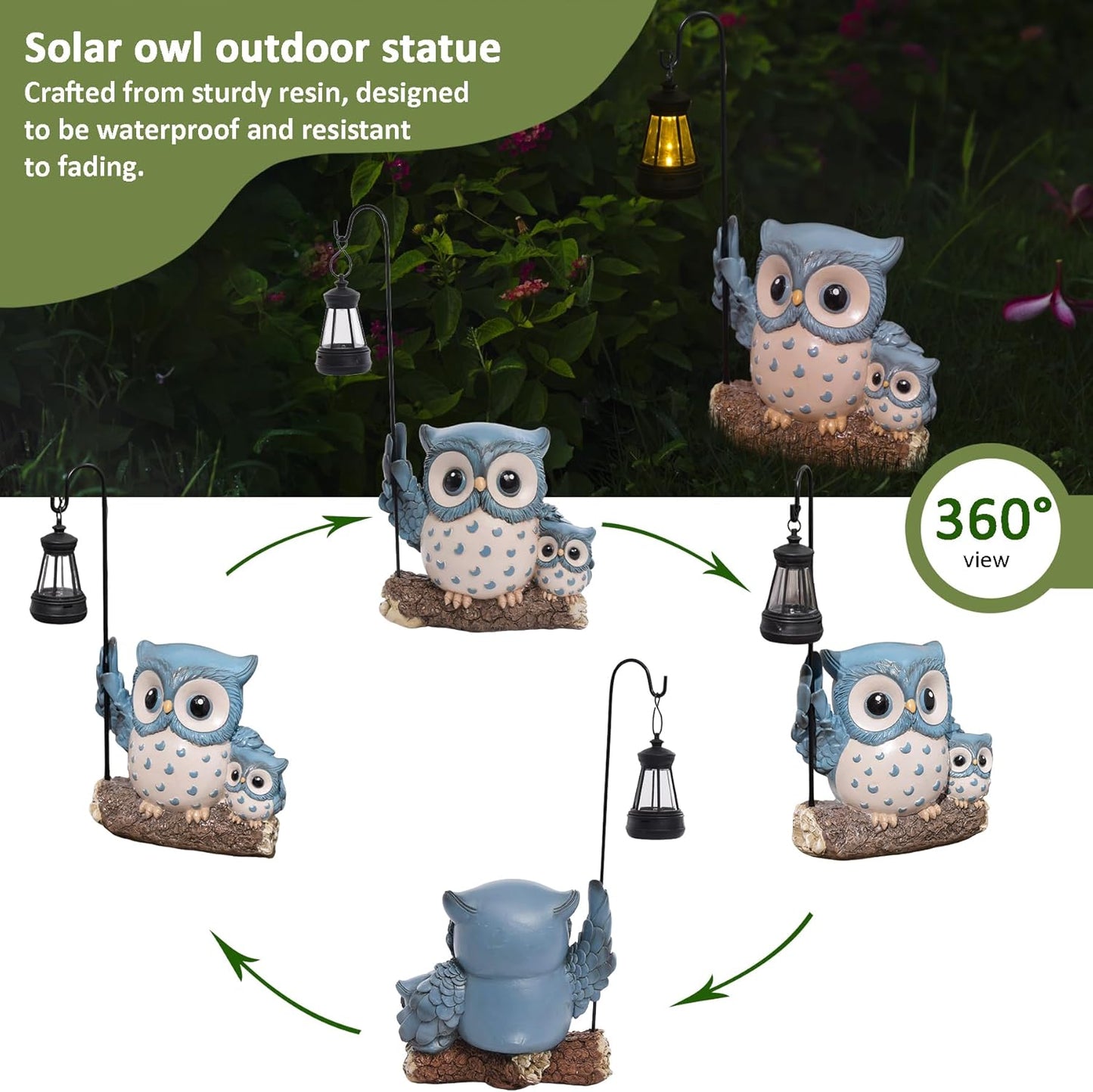 Garden Statues Owl with Solar LED Lantern, Resin Solar Garden Decor for Outside, Yard Decorations Outdoor for Patio, Porch, Balcony, Lawn Ornaments, House Warming Birthday Gifts for Mom Women Grandma