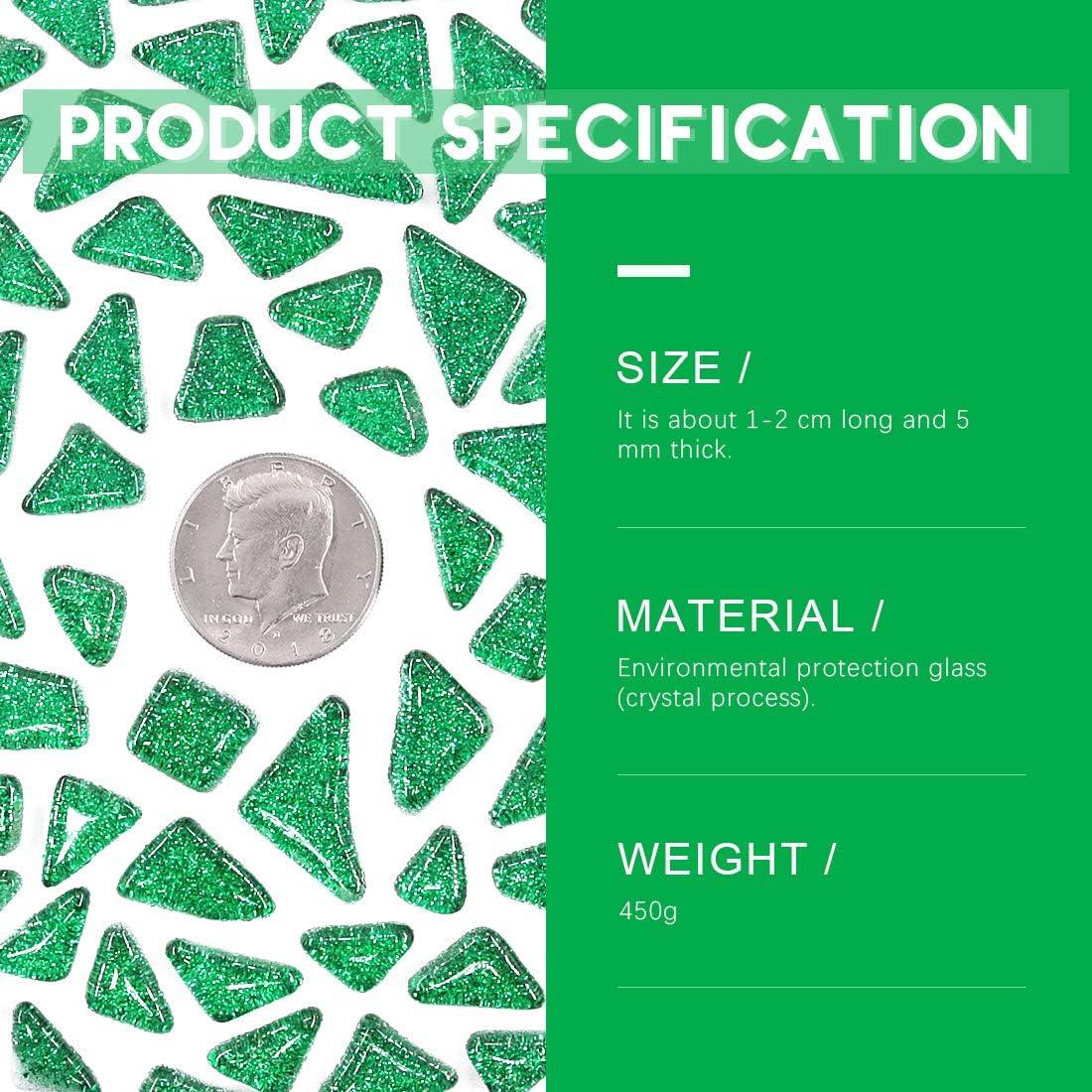 Swpeet 1 Pound Green Shine Crystal Series Mosaic Tiles Assortment Kit, Square and Triangle Genuine Mosaic Tiles Glitter Crystal Mosaic Perfect for Home Decoration Crafts