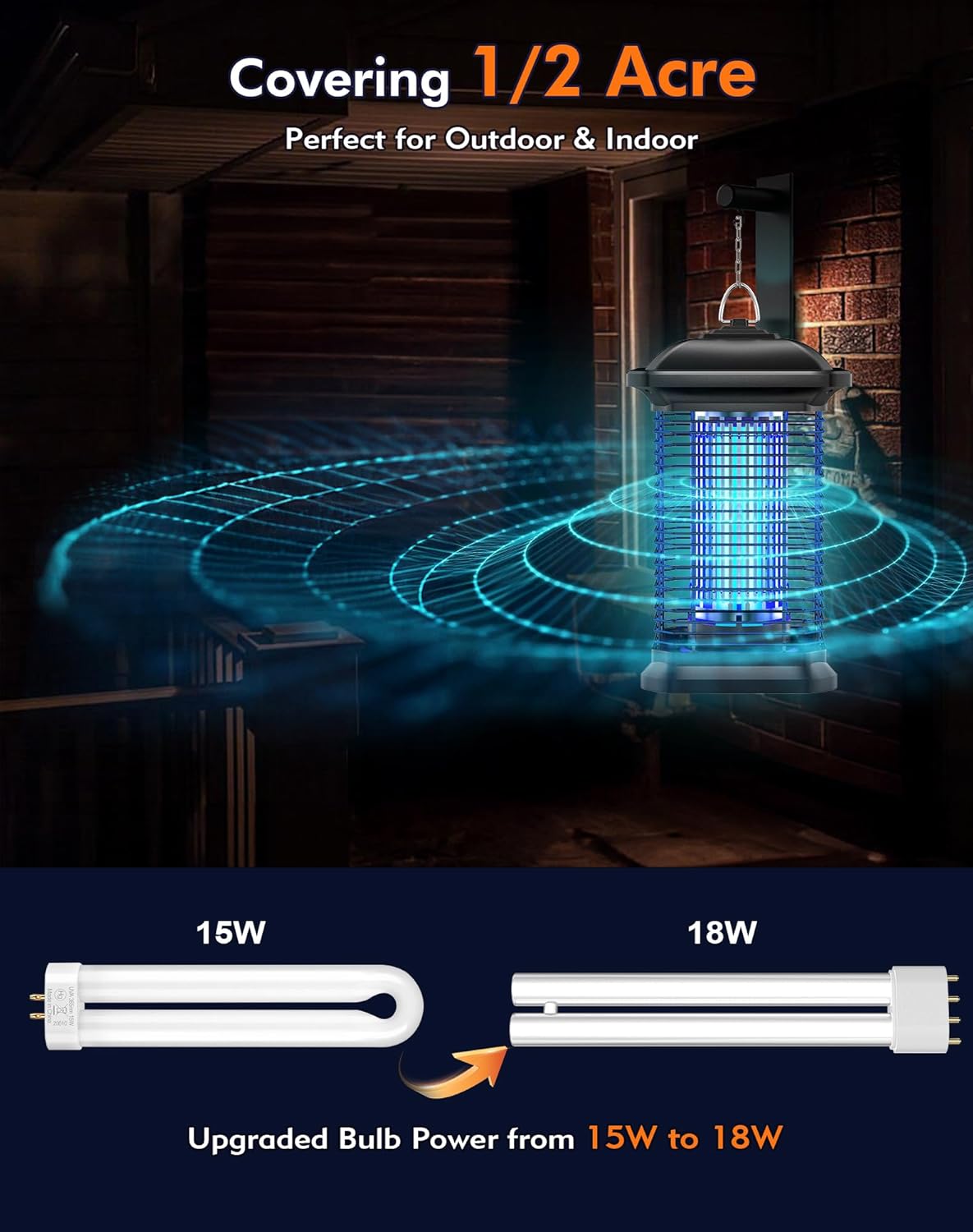 Bug Zapper for Outdoor & Indoor, 1/2 Acre Coverage Mosquito Lamp with 18W Bulb & 4400V High-Voltage, 100% Improvement in Mosquito Control Effect, Electric Fly Trap for Patio, Backyard, Home